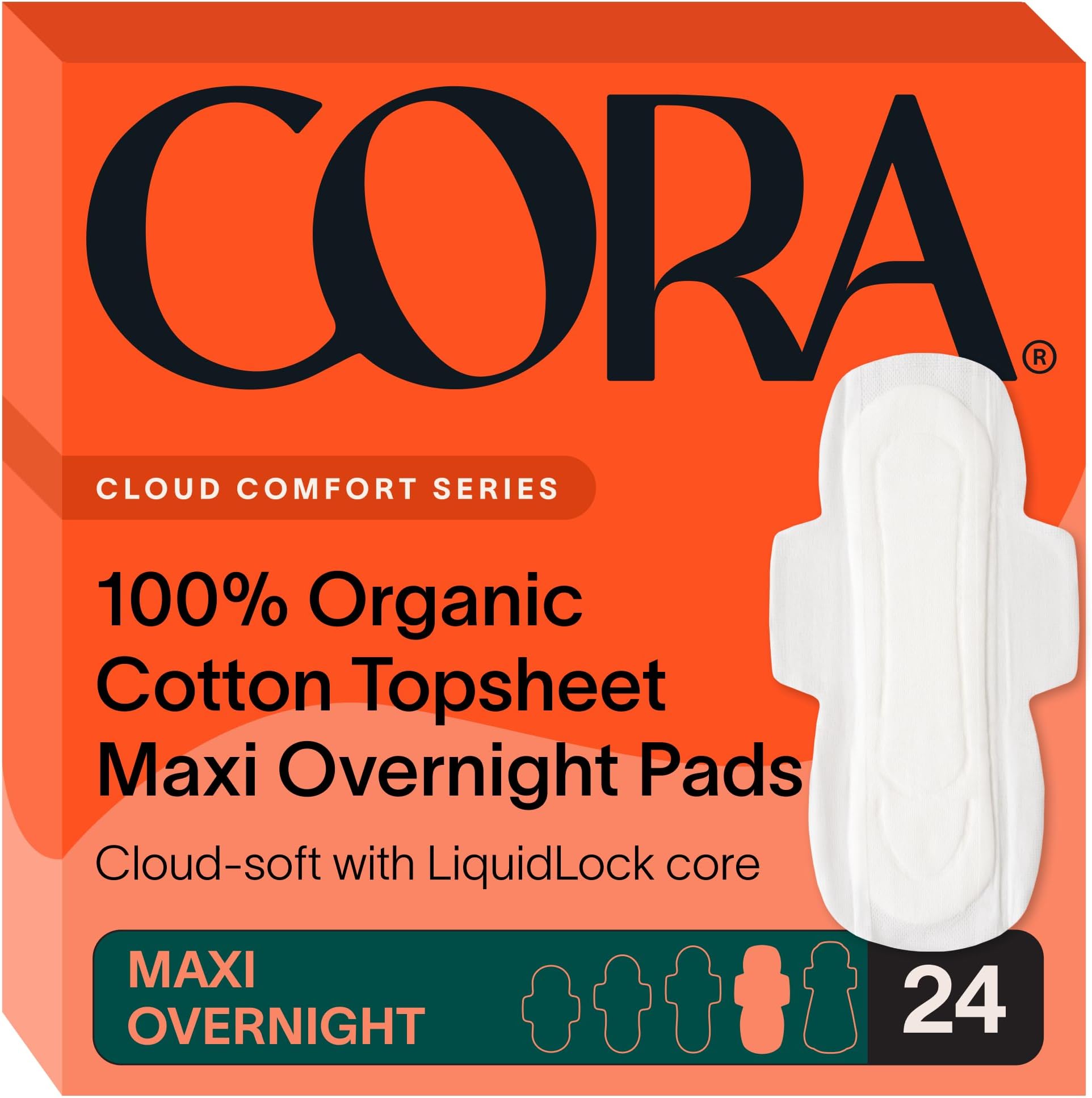 Cora Organic Maxi Pads | Ultra Thin Period Pads with Wings | Maxi Overnight Absorbency | Ultra-Absorbent Sanitary Pads for Women | 100% Organic Cotton Topsheet (24 Count (Pack of 1))