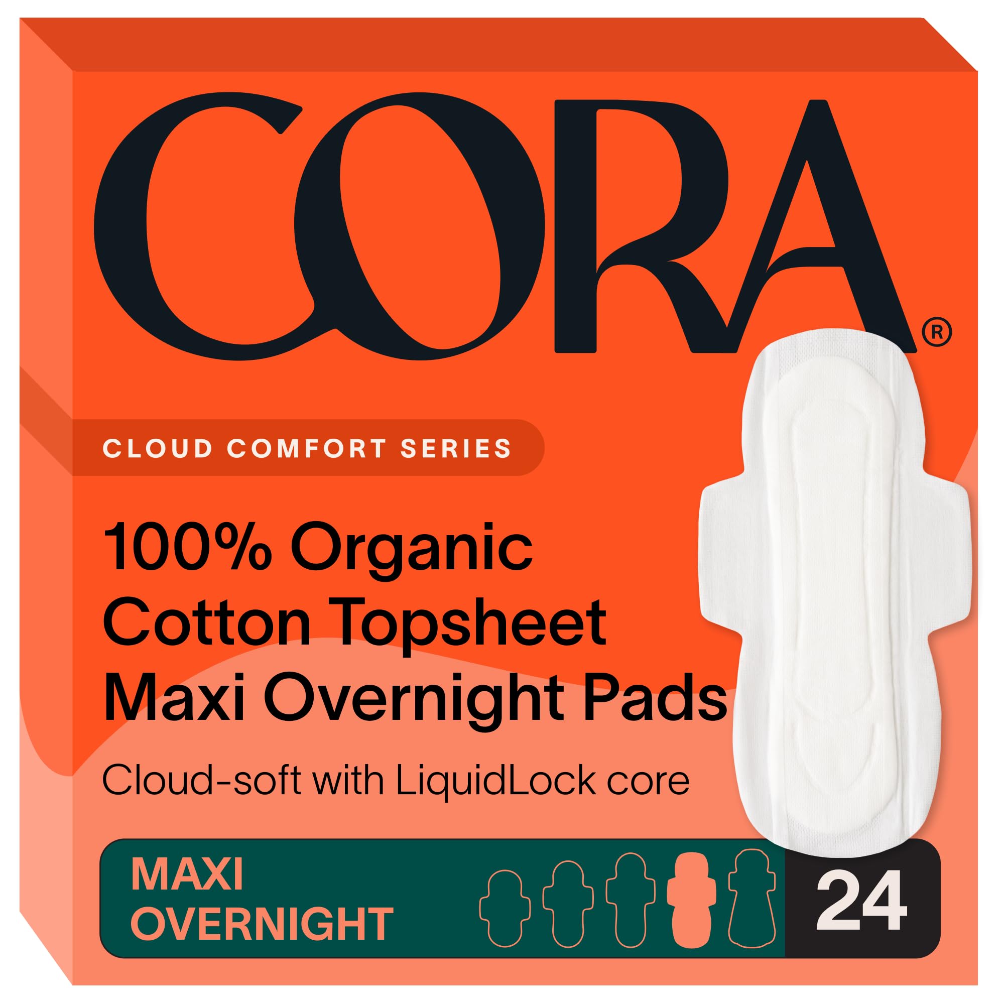 Cora Organic Maxi Pads | Ultra Thin Period Pads with Wings | Maxi Overnight Absorbency | Ultra-Absorbent Sanitary Pads for Women | 100% Organic Cotton Topsheet (24 Count (Pack of 1))