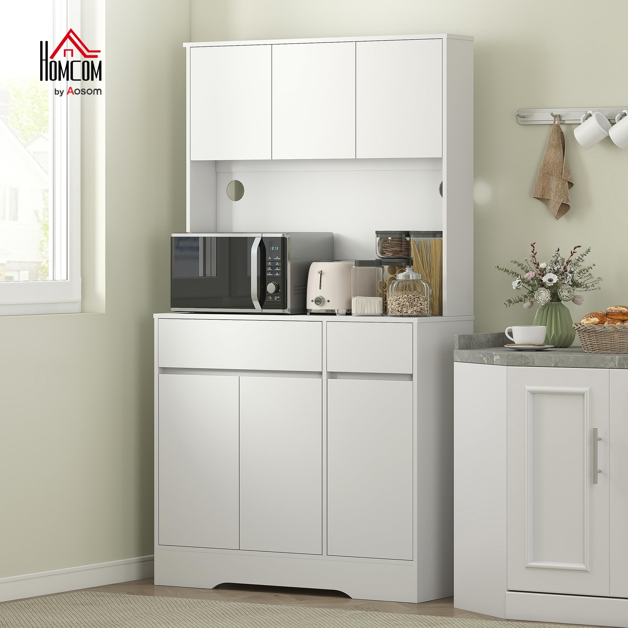 HOMCOM Credenza Cucina Alta con 6 Ante e 2 Cassetti, Mobile Cucina con Passacavi, Mobile Dispensa con Ripiani Regolabili e Piano per Microonde, per Sala da Pranzo e Soggiorno, 100x38x180 cm, Bianco