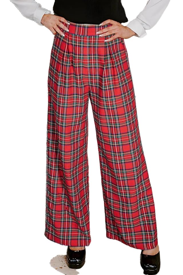 Apvirdy Womens Vintage Plaid Print Pants High Waisted Wide Leg Baggy Palazzo Pants Casual Loose Fit Christmas Pants