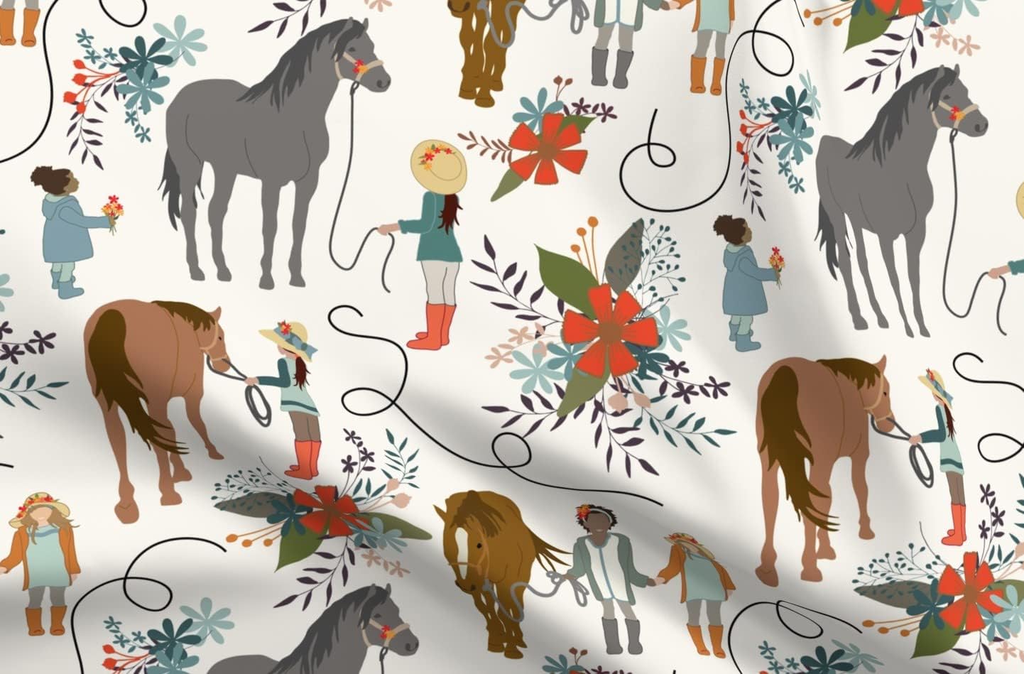 Spoonflower Fabric - Horses Girls Black Horse Racing Kids Flowers Children Equestrian Printed on Upholstery Velvet Fabric Fat Quarter - Upholstery Home Decor Bottomweight Apparel