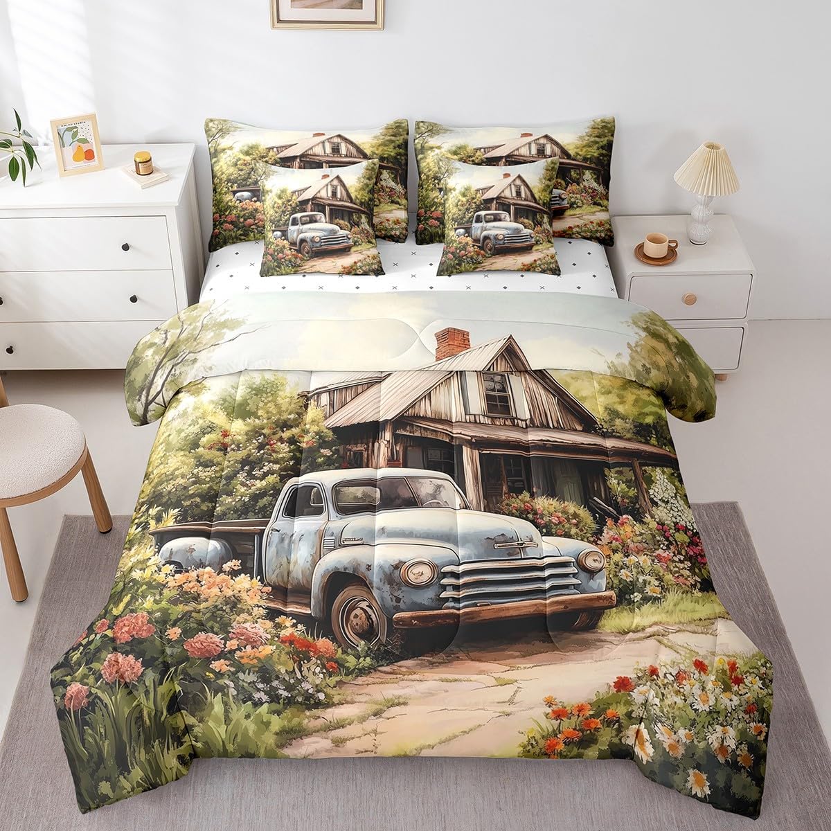 7 Pieces Twin Size Retro Truck Comforter Set,Wooden Cabin Rustic Farmhouse Bedding Set for Boys Girls,Botanical Flowers Spring Nature (Comforter+Fitted+Flat Sheet+2 Pillowcases+2 Throw Pillow Covers)