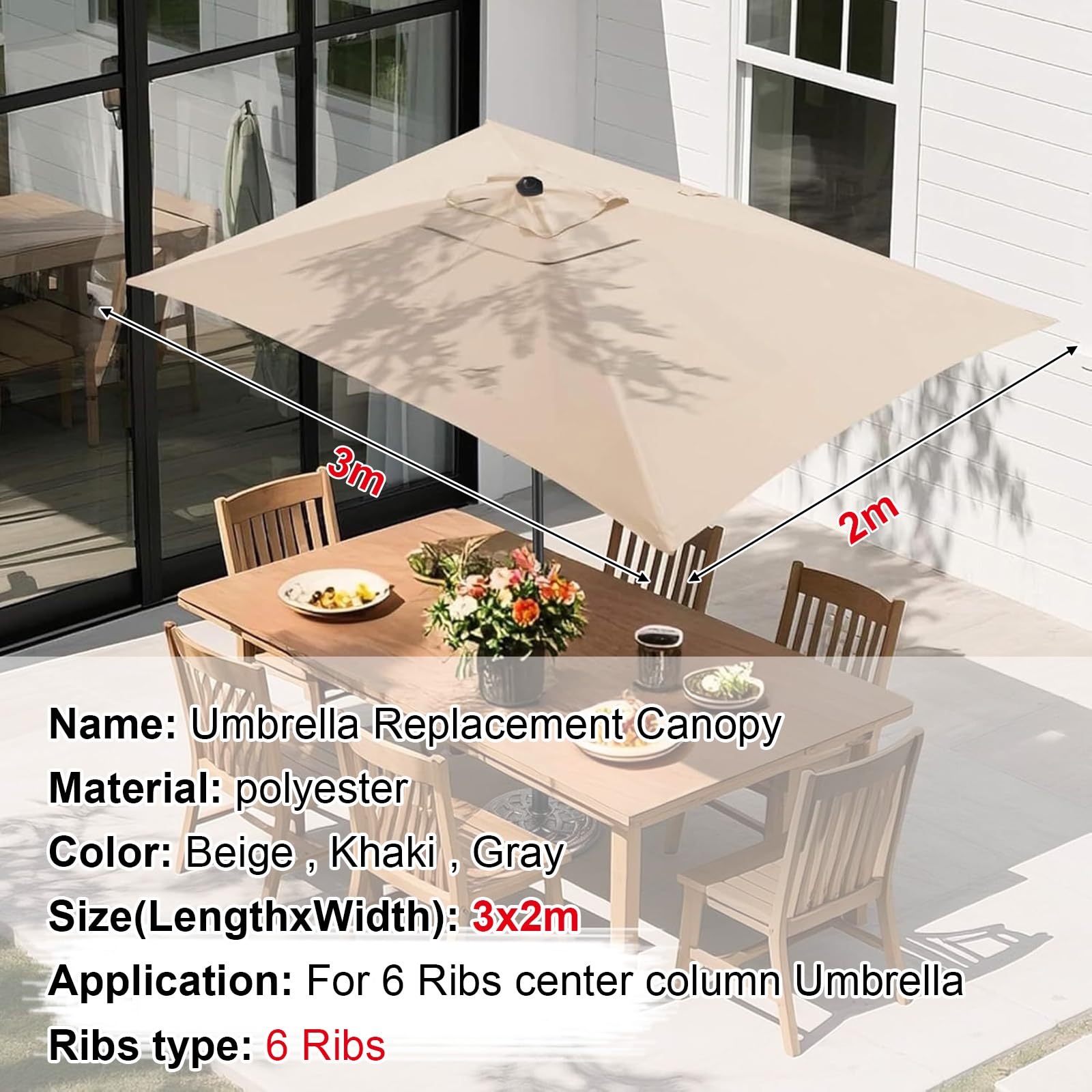 Copertura Di Ricambio Per Ombrellone Da Giardino, Telo Di Ricambio Per Ombrellone Rettangolare 3x2M 6 Stecche, Parasole Impermeabile E Resistente Ai Raggi UV, Vela Di Ricambio In Tessuto(Beige)
