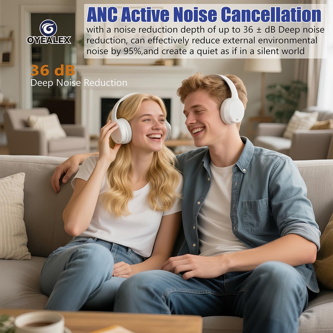 OYEALEX Active Noise Cancelling Headphones,Over Ear Bluetooth Headphones with Microphone,HiFi Stereo Deep Bass,Foldable Lightweight Headsets,Long ANC Playtime for Home Office Cellphone PC Travel-White - Image 2