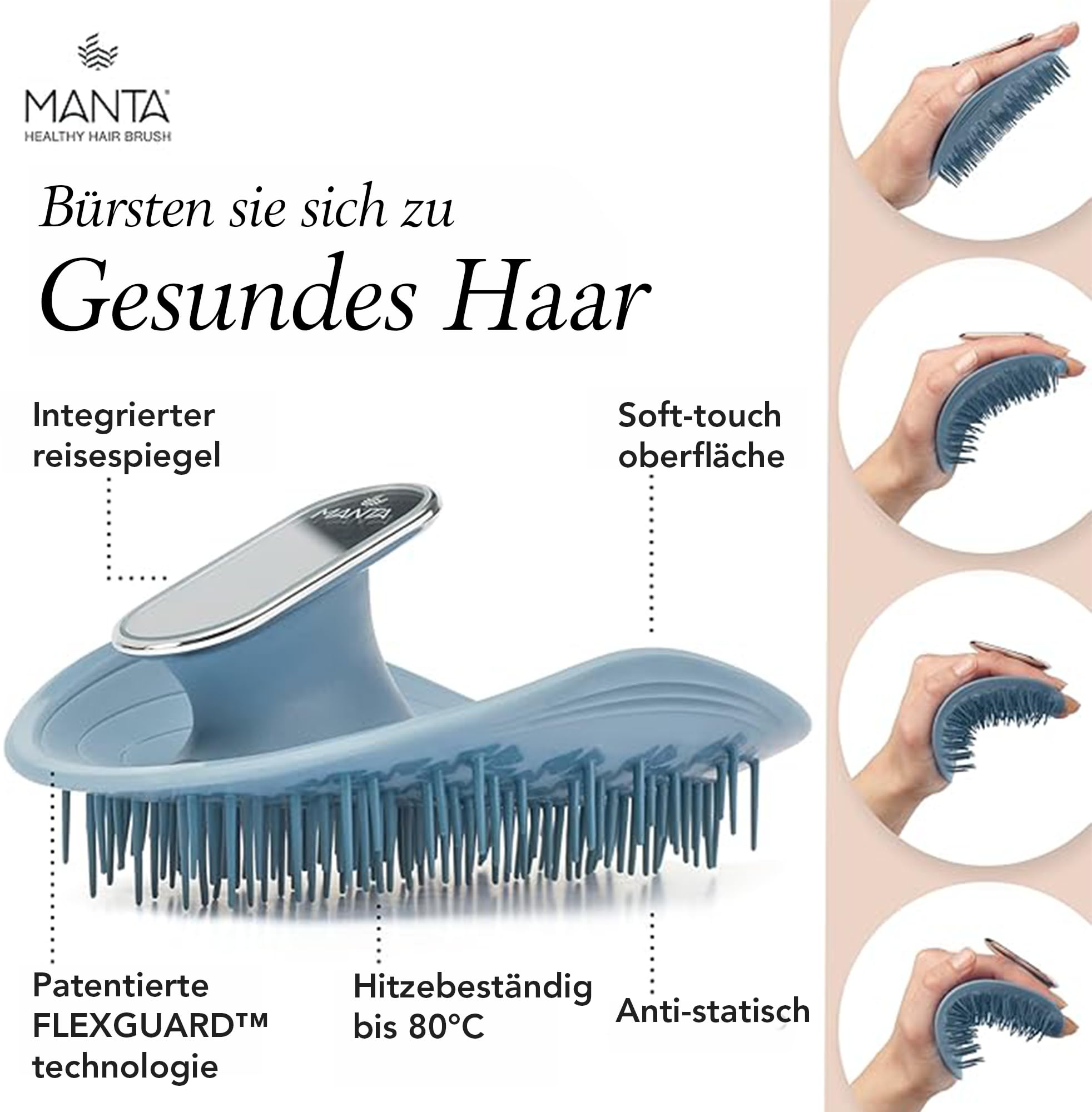 Manta Mirror Anti-Breakage Haarbürste - Entwirrungsbürste mit integriertem Spiegel, Blau