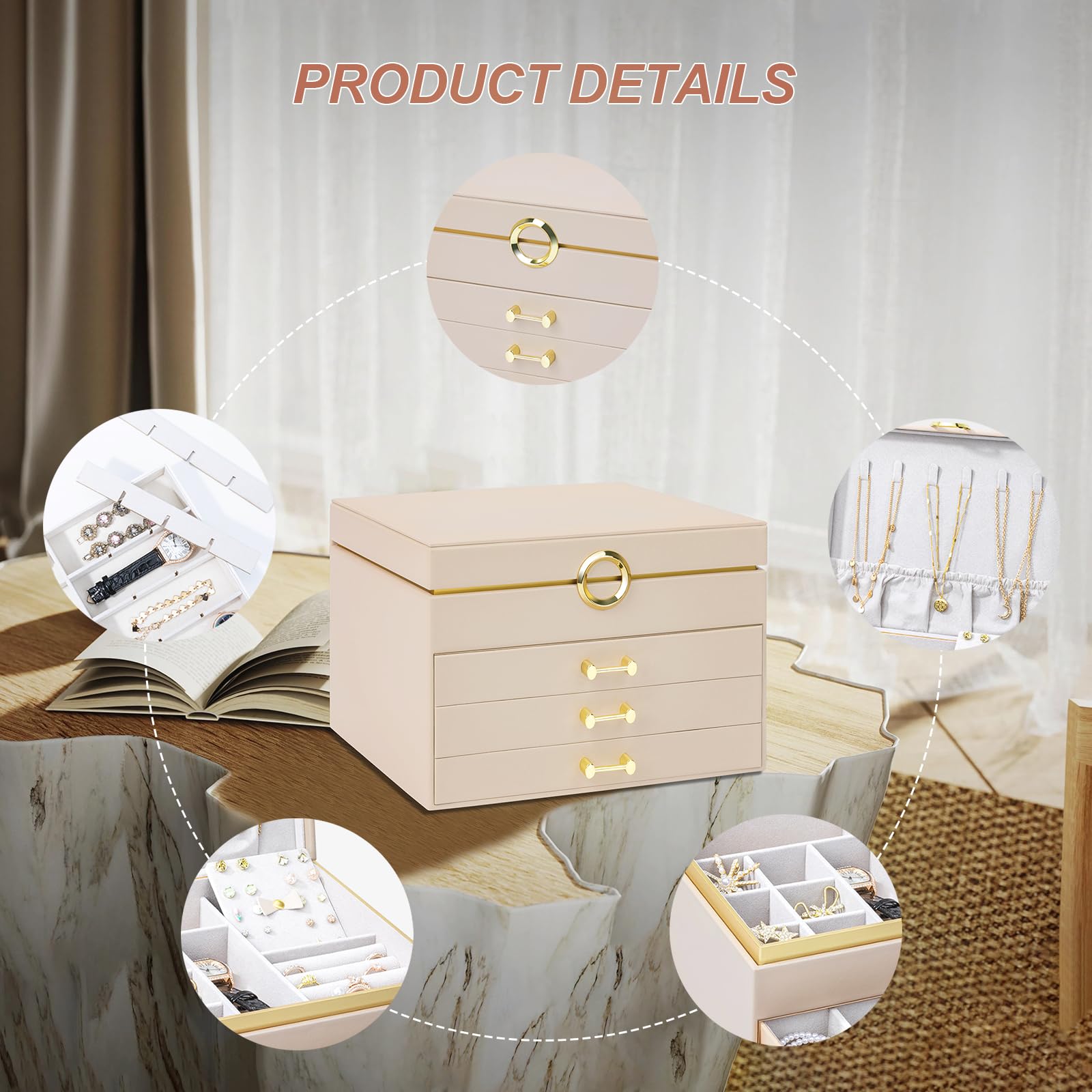 Schmuckschatulle für Damen und Mädchen, 4-lagig, große Schmuckschatullen mit 3 Schubladen, Schmuck-Aufbewahrungsbox für Ohrringe, Armbänder, Halsketten