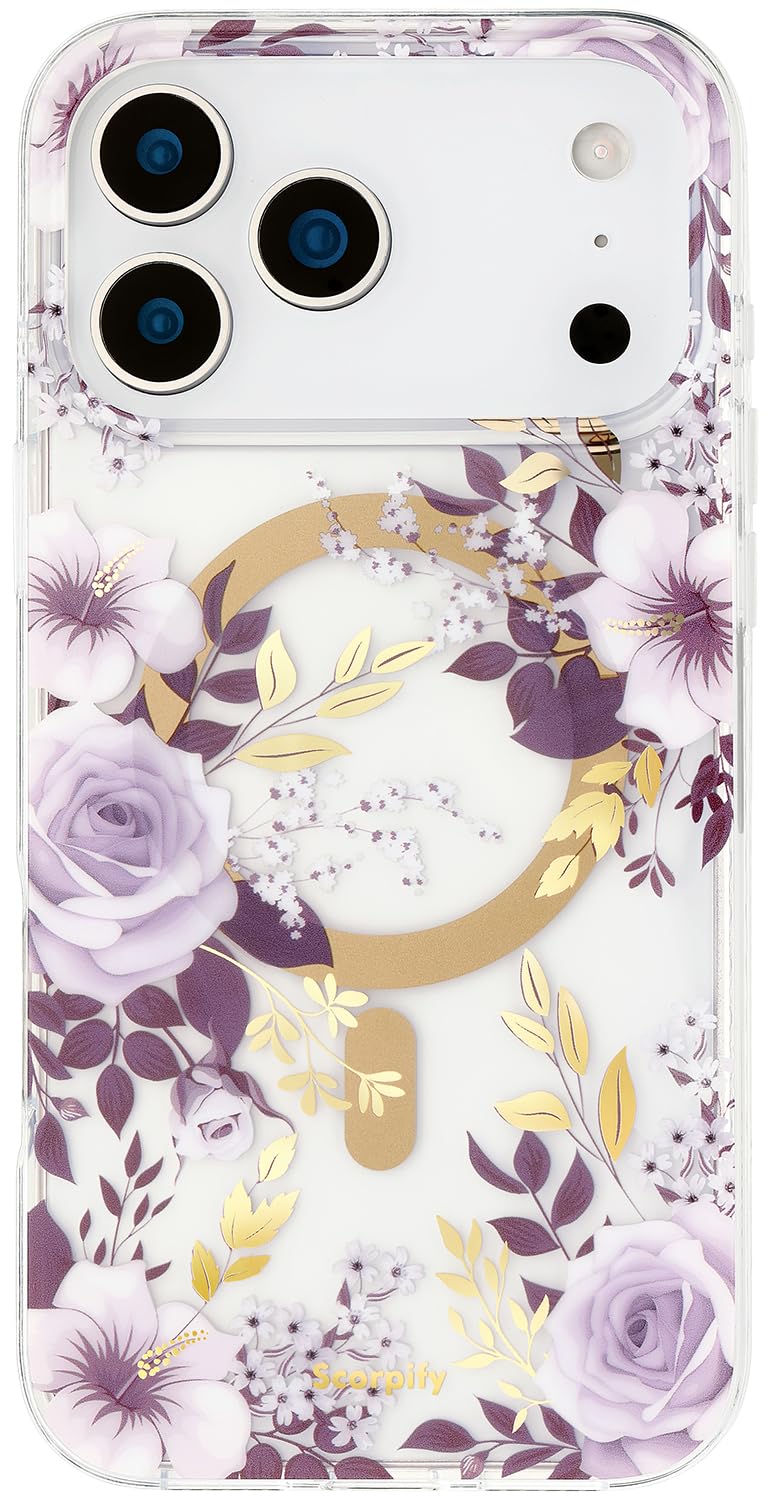 SCORPIFY for iPhone 17 Pro Max Case [Compatible with MagSafe] with Purple Hibiscus and Rose Floral Design, Cute Clear Flower Magnetic Phone Cover for Women Girls, Shockproof Bumper with Gold Accents
