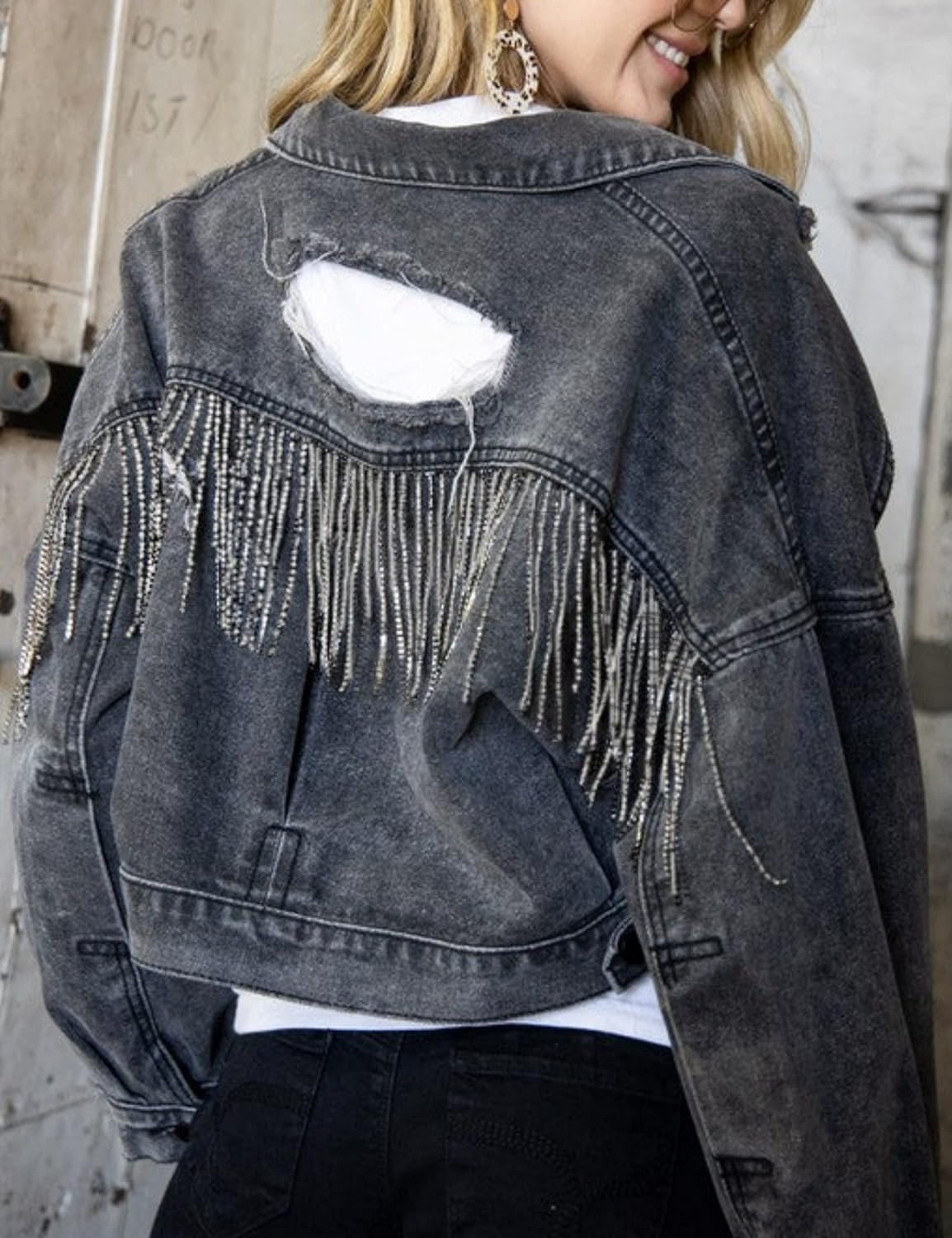 Donna Moda Frangia Strass Giacca Denim Elegante Sciolto Tendenza Casual Giacca Sexy Risvolto Foro Breve Giacca Denim