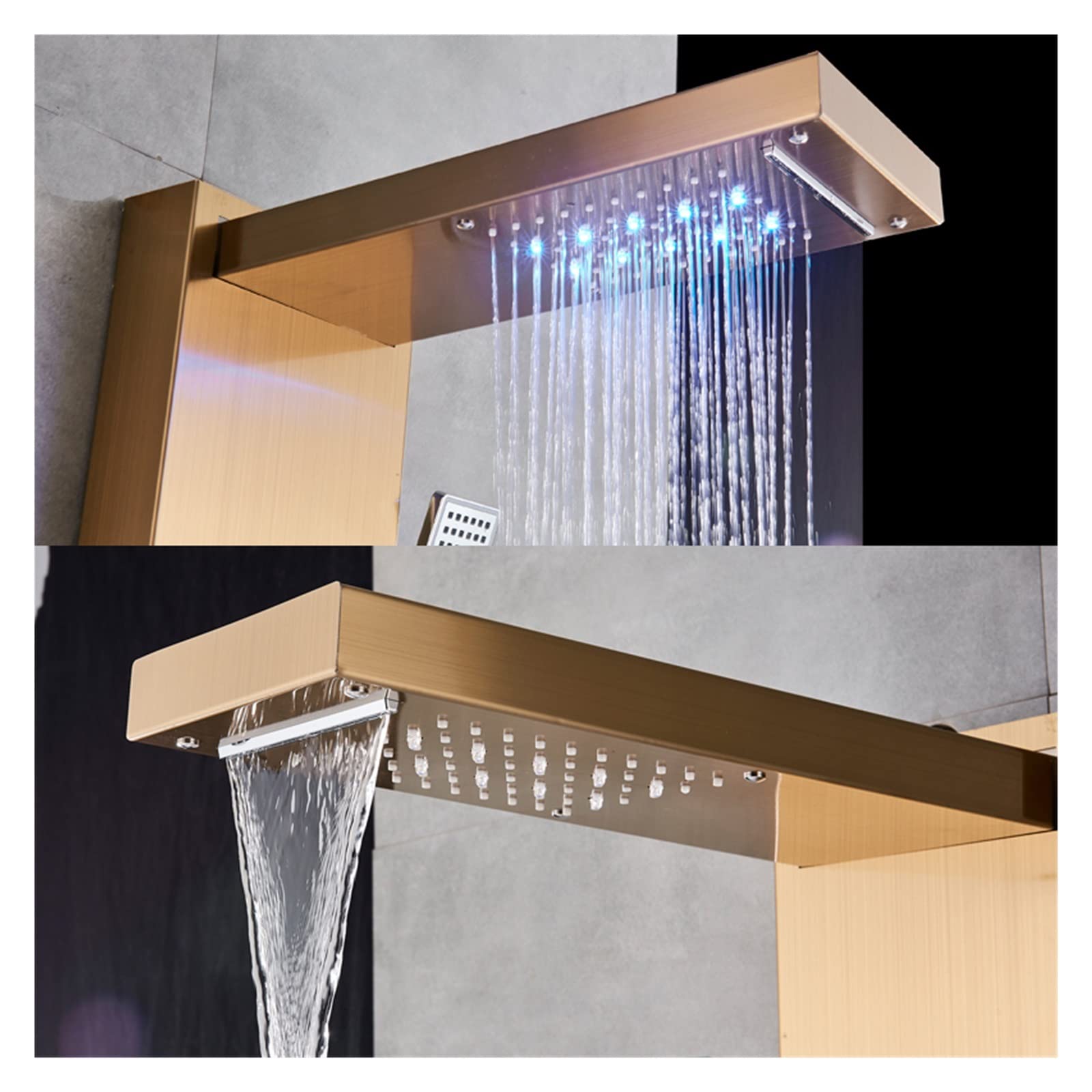 Paneles de Ducha, Panel de ducha dorado, luz LED for baño, columna, torre, pantalla Digital, mezcladores lluvia y cascada, chorros masaje giratorios