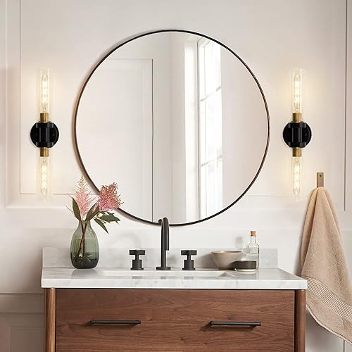 Miniatura 7 de Apliques de pared de baño con vidrio transparente, 2 luces, lámparas de pared modernas para espejo, sala de estar, pasillo, latón cepillado negro y