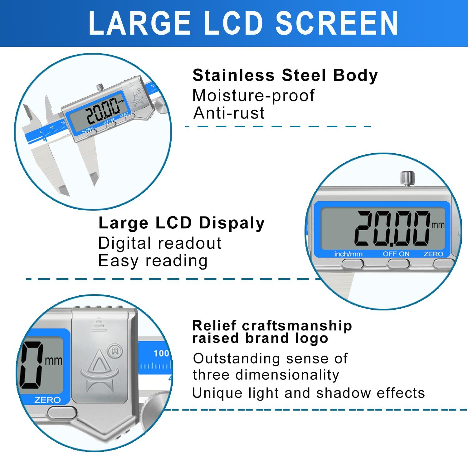 Calibro Digitale,Precisione Calibri In Acciaio Inox 150mm Con Ampio Display Lcd Calibro Digitale Per Misurazione Esterne,Interne,Profondità e Di Passo,3 Batterie,Spegnimento Automatico