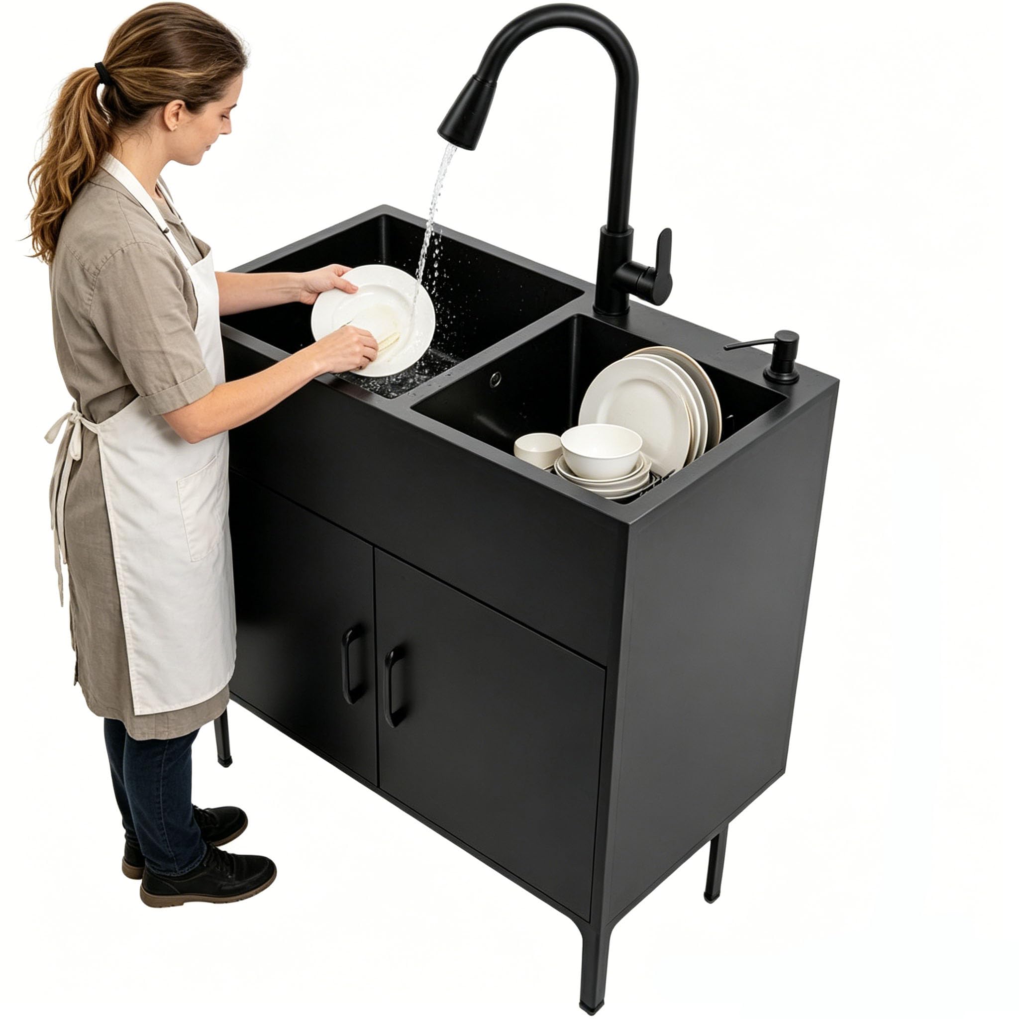 Freistehende KüChenspüLe mit Unterschrank Und Ausziehbarem Wasserhahn Edelstahl SpüLtisch mit 2 Becken AbtropffläChe Seifenspender und Abflusseinheit für KüChe Garten Werkstatt WaschküChe Camping
