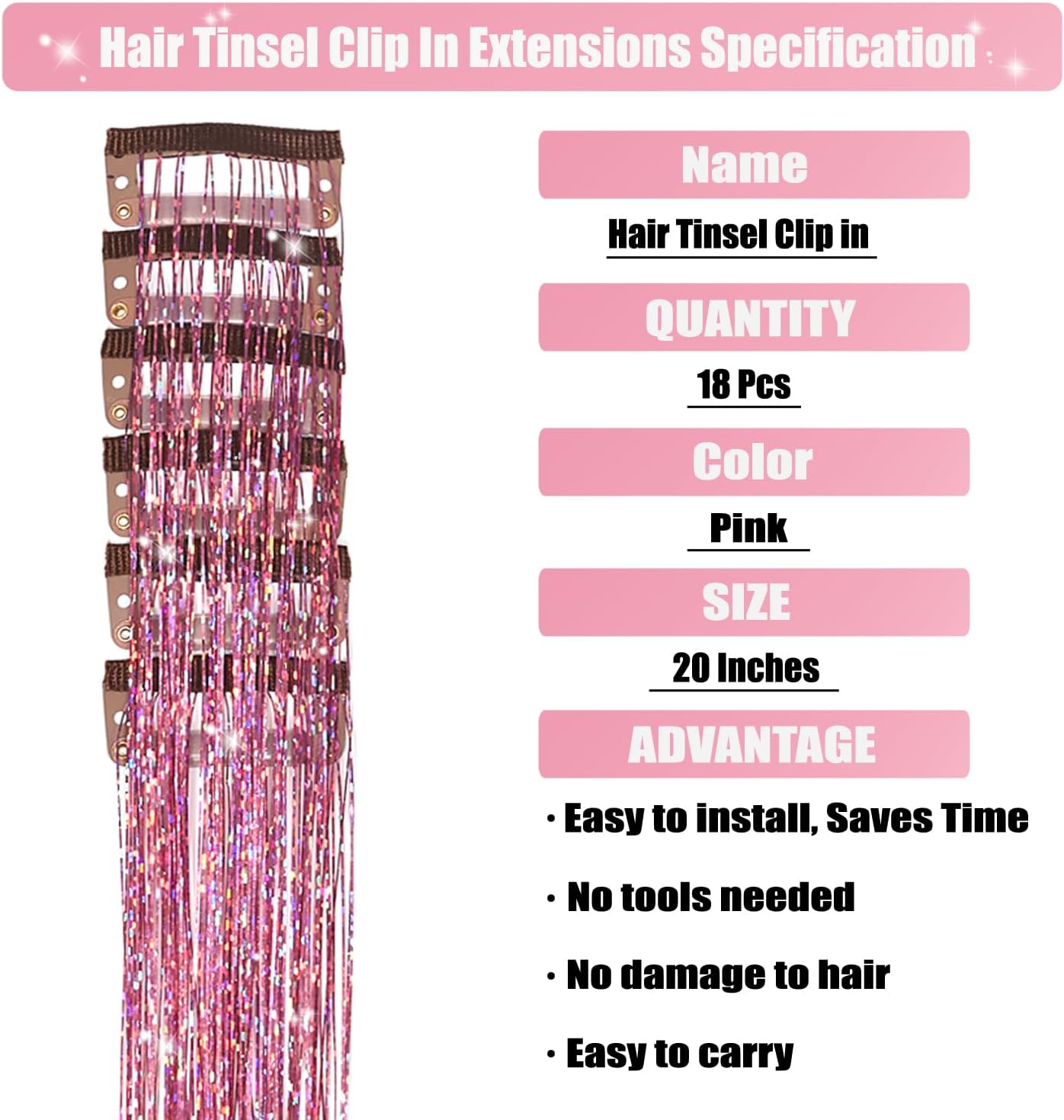 ヘアティンセルクリップ 18個パック 20インチ クリップインヘア ティンセル ピンク グリッター ティンセル ヘアー エクステンシ