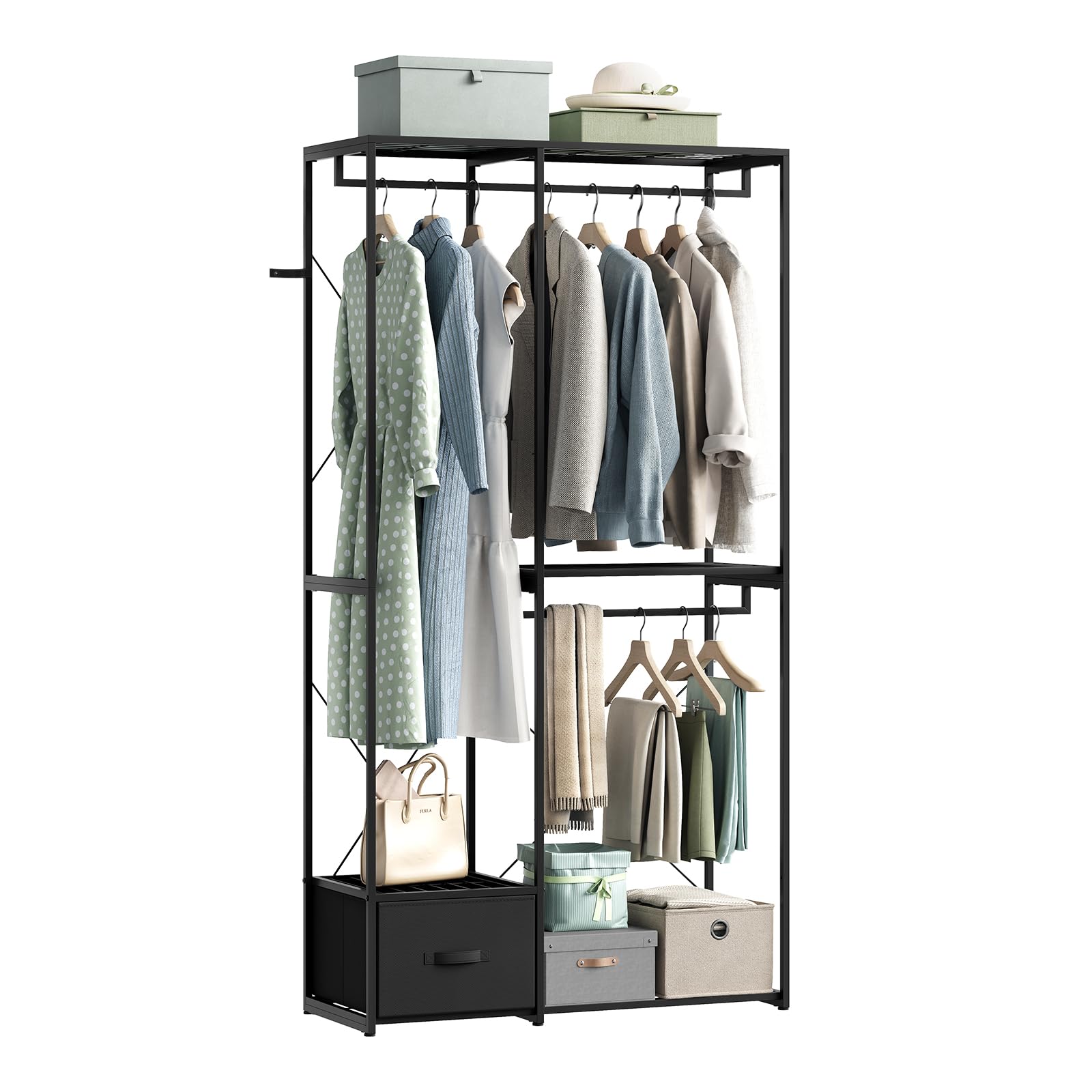 WOLTU Burro Ropa con Estructura de Metal, Armario Abierto con 2 Barras, 3 Estantes y 1 Cajón de Tela, Resistente, Carga de 150 kg, 100x40x192 cm, para Dormitorio y Vestidor, Negro