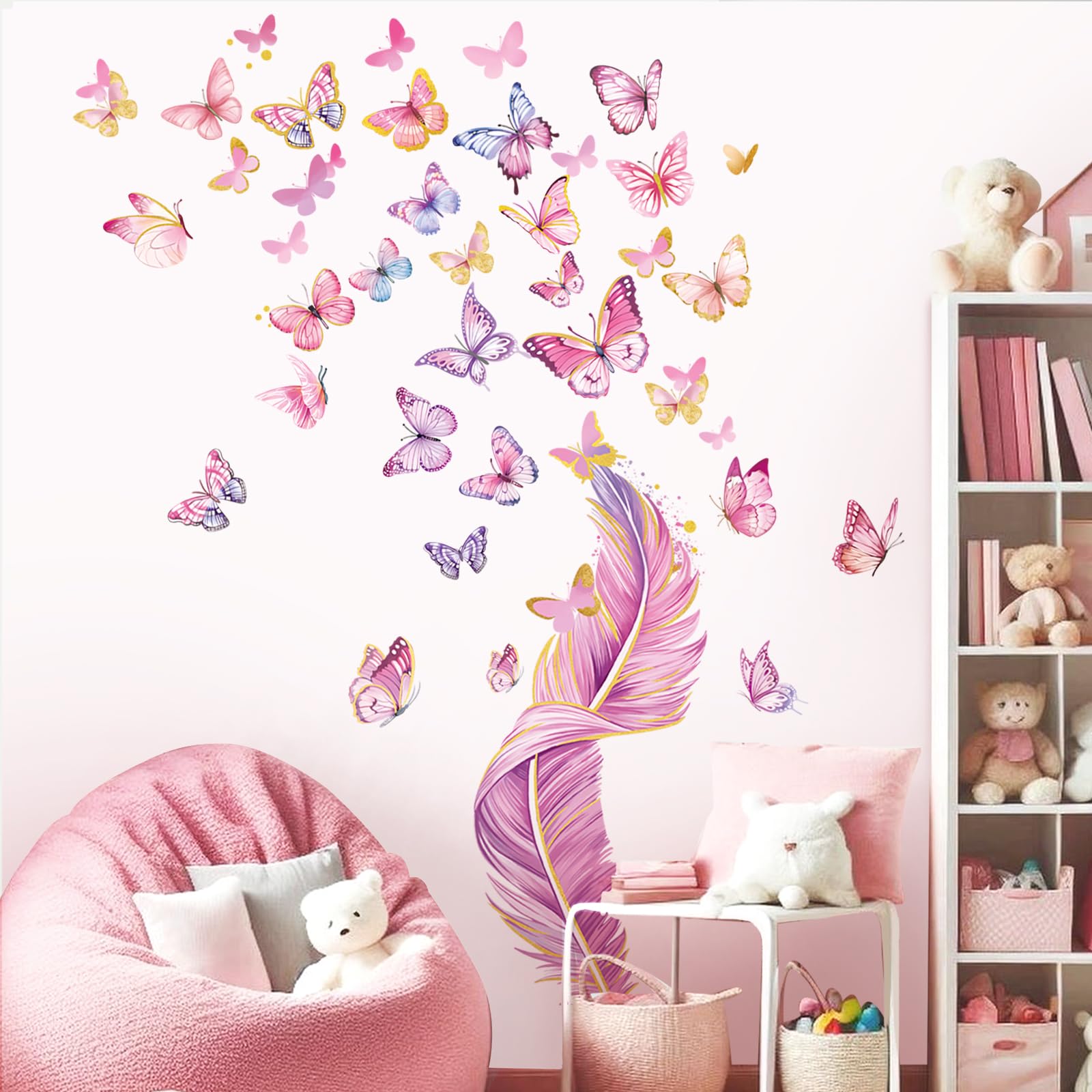 decalmile Colorful Butterflies Wall Decals Pink Feather Wall Stickers Baby Nursery Girls Bedroom Bathroom Wall Decor - Image 3