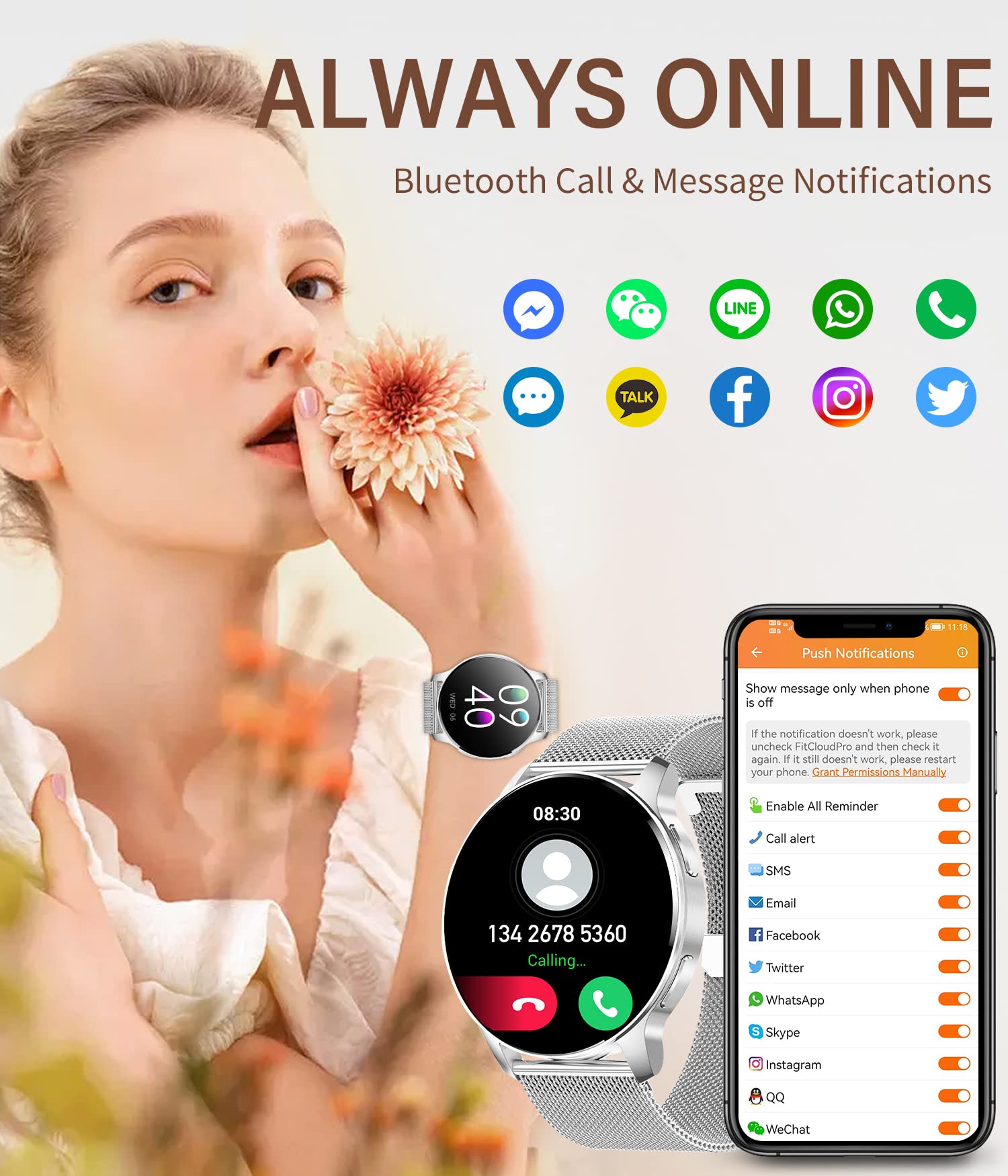 Inteligentny zegarek dla mężczyzn i kobiet, ekran HD 1,32", zegarek fitness z tarczą połączenia, powiadomienie tekstowe, krokomierz, kalorie, asystent głosowy, SpO2, pulsometr, monitorowanie snu,