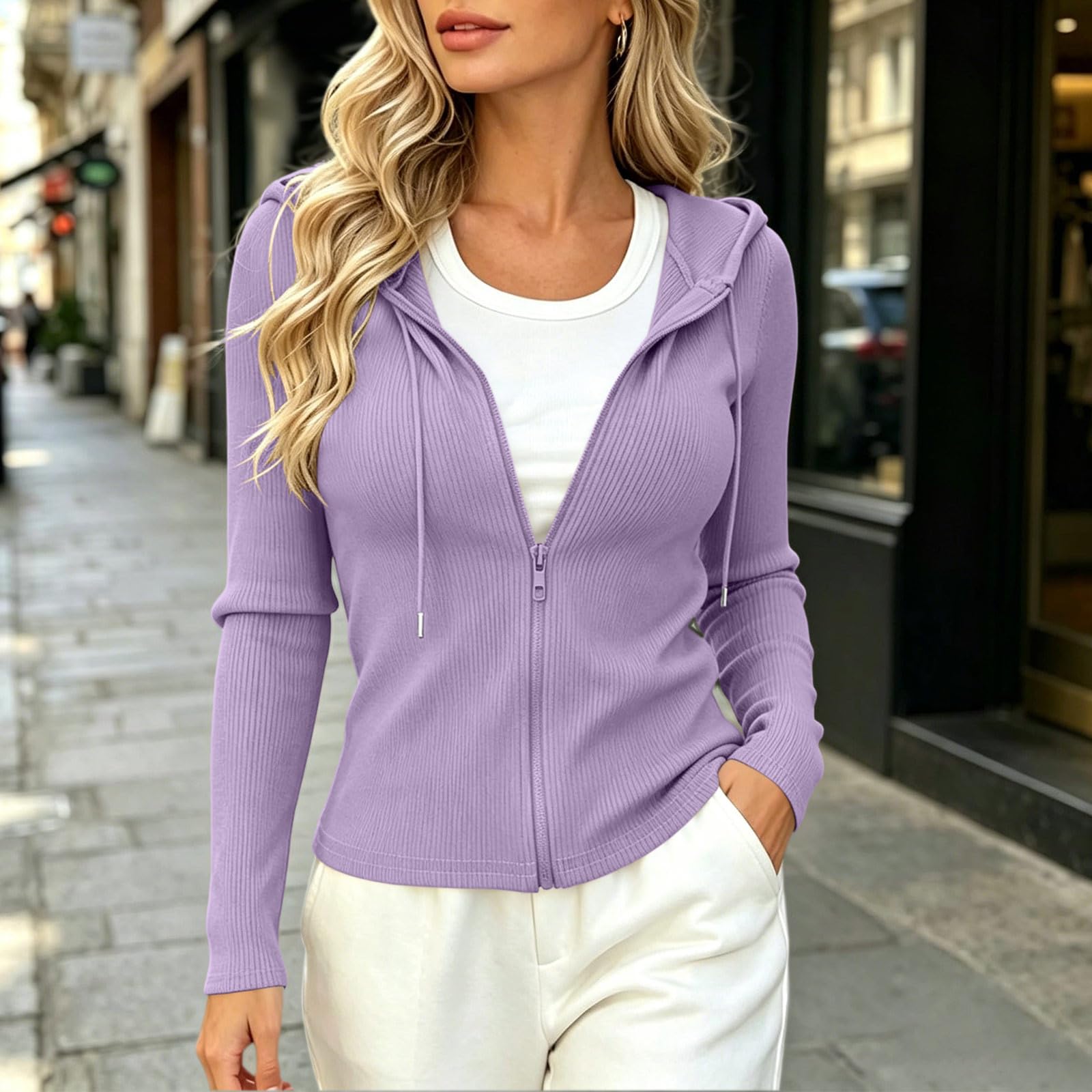 LUCKME Sudadera Cremallera Mujer,Chaqueta Mujer de Punto Acanalado con Capucha y Cordón Suave y Cómodo Cárdigan Manga Larga con Bolsillos Corte Ajustado Sudaderas Hoodie Otoño Invierno
