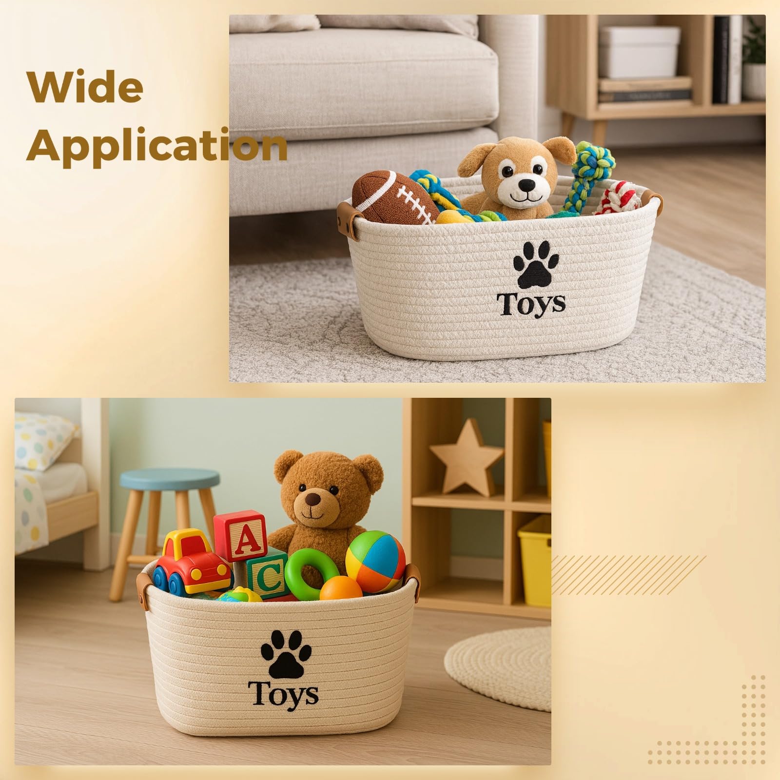 Haustier Spielzeug Aufbewahrungskorb, weiche Baumwolle Seil gewebt Organizer, langlebige klappbarer Bin für Hund Katze Spielzeug, geräumig 13 x 9 x 7,5 in / 33 x 23 x 19 cm, Beige