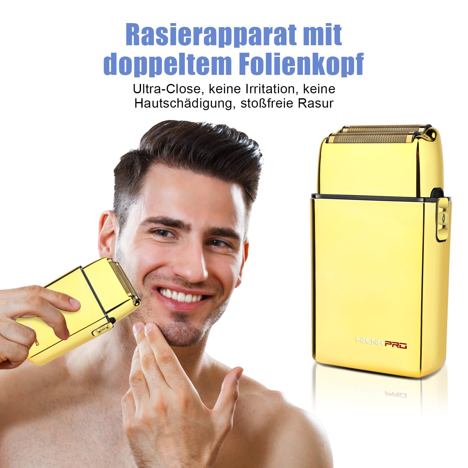 HIENA PRO Folienrasierer Herren, Reiserasierer Herren Null Maschine Haare, Epilierer Herren Friseur, Folienrasierer Für Herren, Elektrorasierer, Abnehmbar und waschbar, USB, Golden