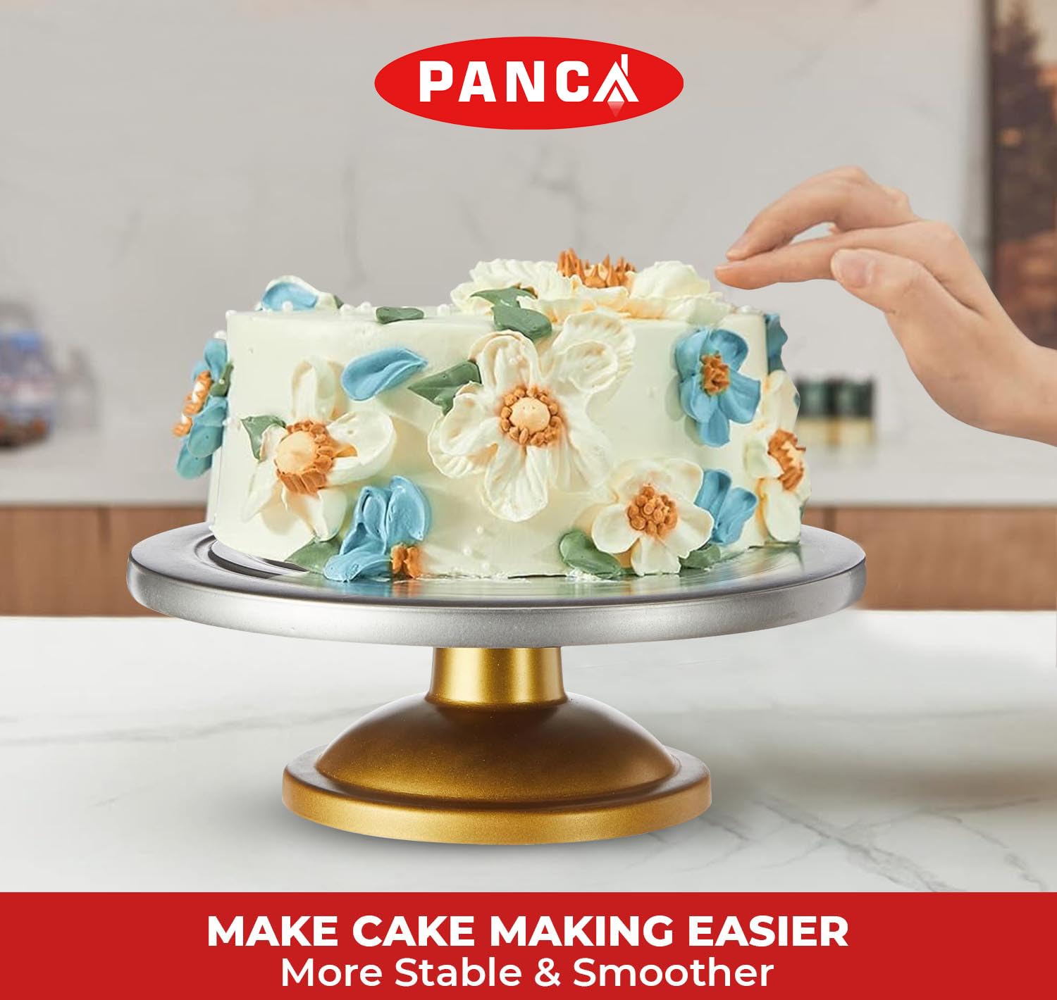 PANCA Cake Decorating & Icing Turntable | Signature Edition 12-Inch 360° Rotating Cake Stand for Baking & Serving | Fiber Cake Turntable with Silver Top & Golden Base | Professional Cake Decorating Stand 1