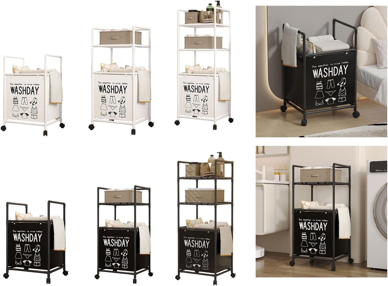 Laundry Basket with Removable Shelf Foldable Metal Frame Storage Bathroom Bedroom Organizer Dirty Clothes Basket