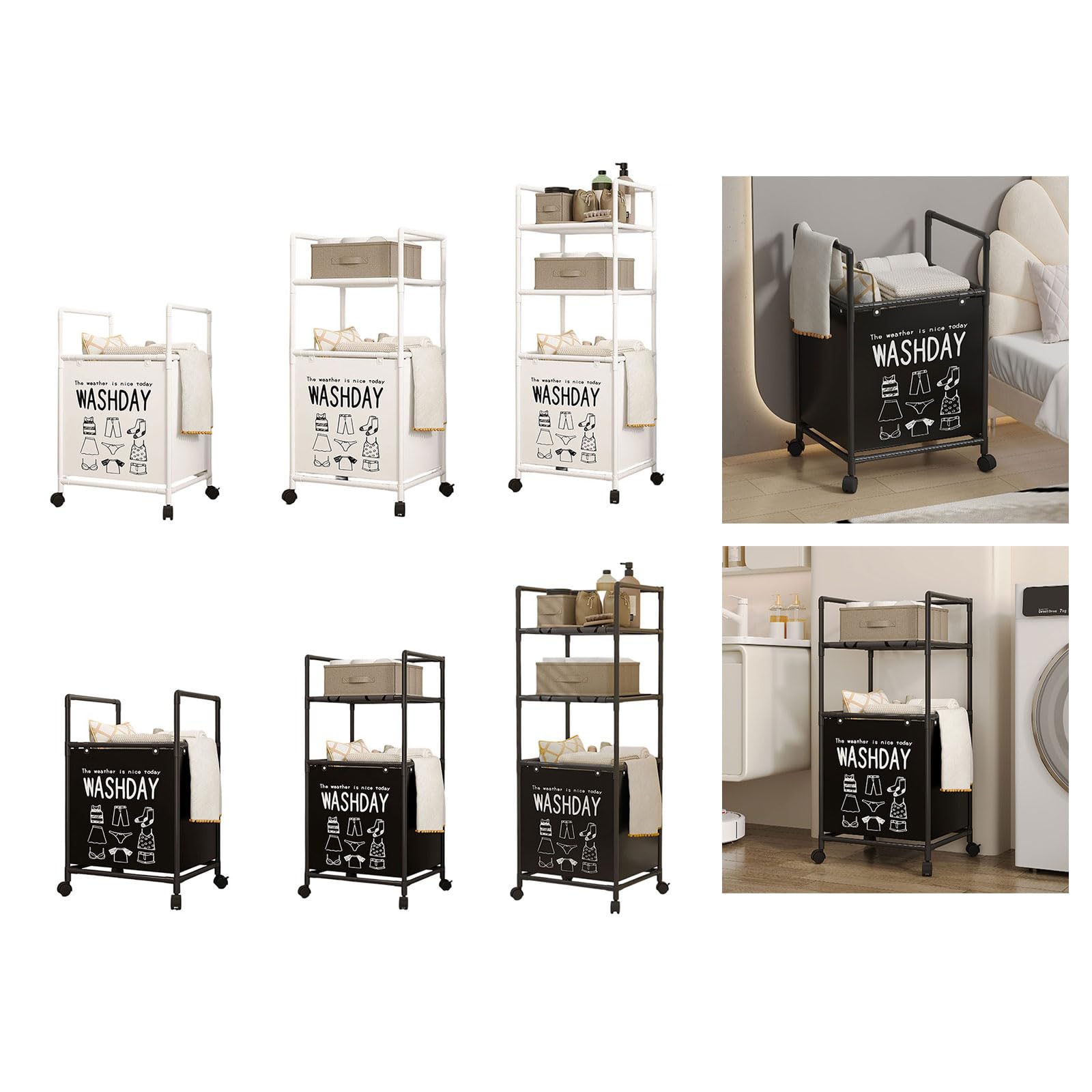 Cesto portabiancheria con ruote con ripiani rimovibili, pieghevole, struttura in metallo, cesto portaoggetti per bagno, camera da letto, cesto portabiancheria con ruote
