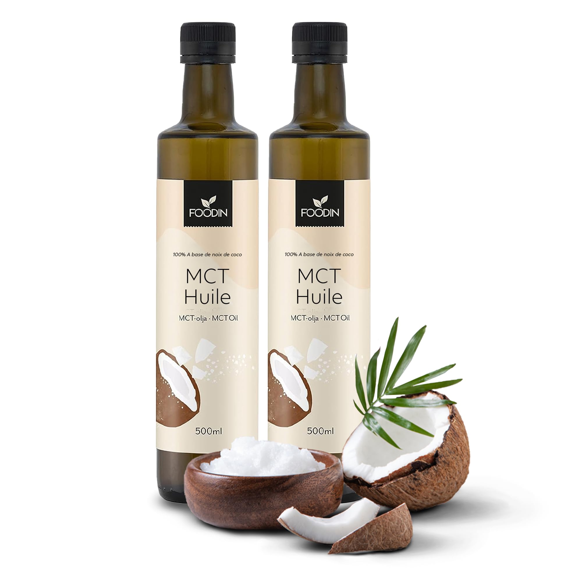 FOODIN Huile MCT 100% Huile de Coco,Triglycérides à Chaîne Moyenne (MCT), Sans Gluten & Végétalienne, de Coco Pure pour Athlètes, Idéale pour Régimes Cétogènes & Bienfaits Santé, 2 x 500 ml