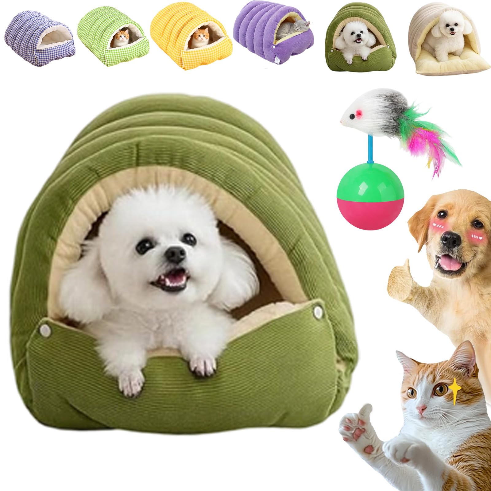 Winter Cave, Cozy Monster Cat Bed, Warmth Cozy Comfort Plush Pet Cave with Removable Cushion, Non-Slip Base, Dual-Purpose Pet Nests for Cats and Small Dog (Green,M)