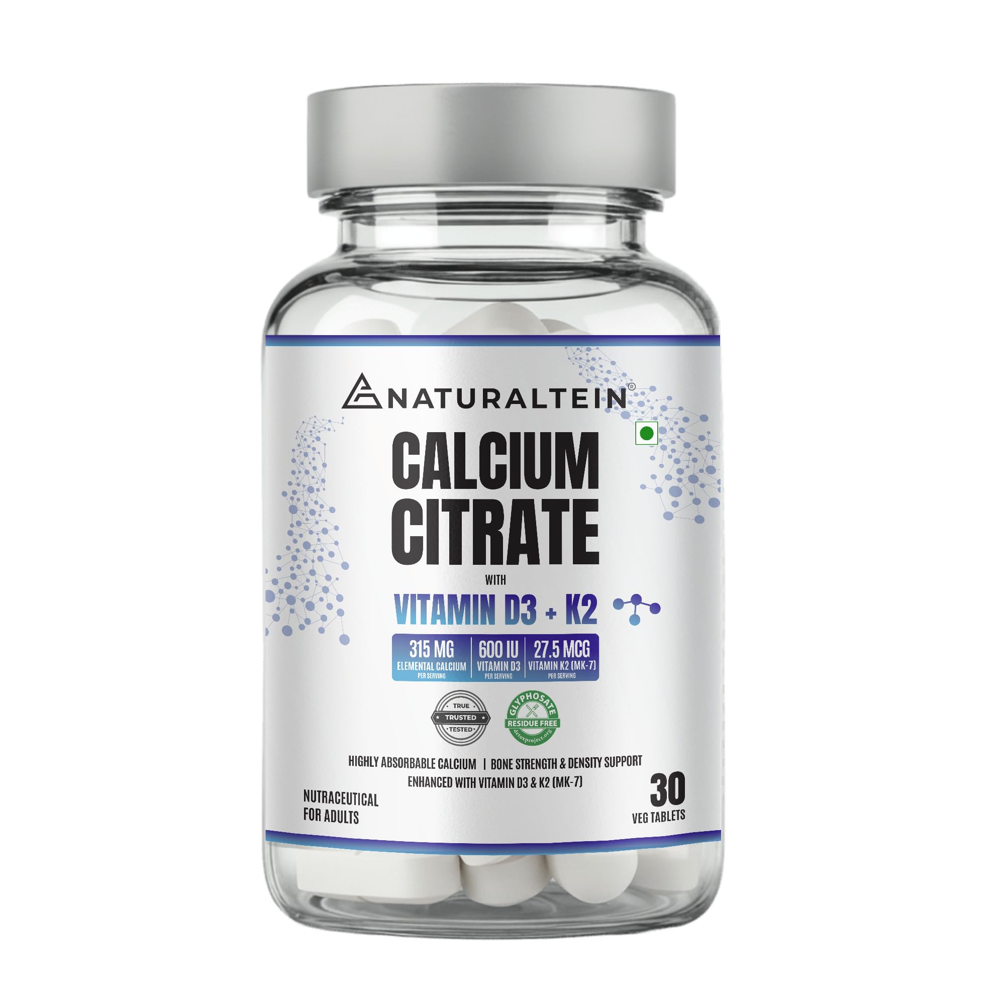 NATURALTEIN Calcium Citrate with Vitamin D3 & K2 (MK7) 60 Tablets | High-Absorption Calcium Supplement for Bone Health | No Additives | Vegan & Gluten-Free