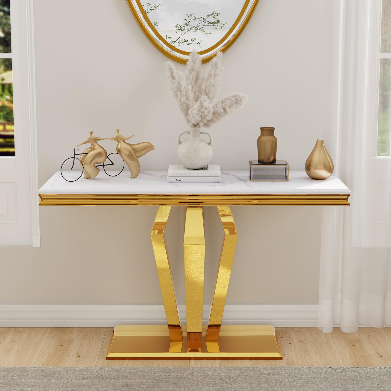 ACEDÉCOR Gold Console Table, Luxury White and Gold Sofa Table, 50 inch Rectangle Entryway Table with Polished Geometric Base for Living Room, Hallway