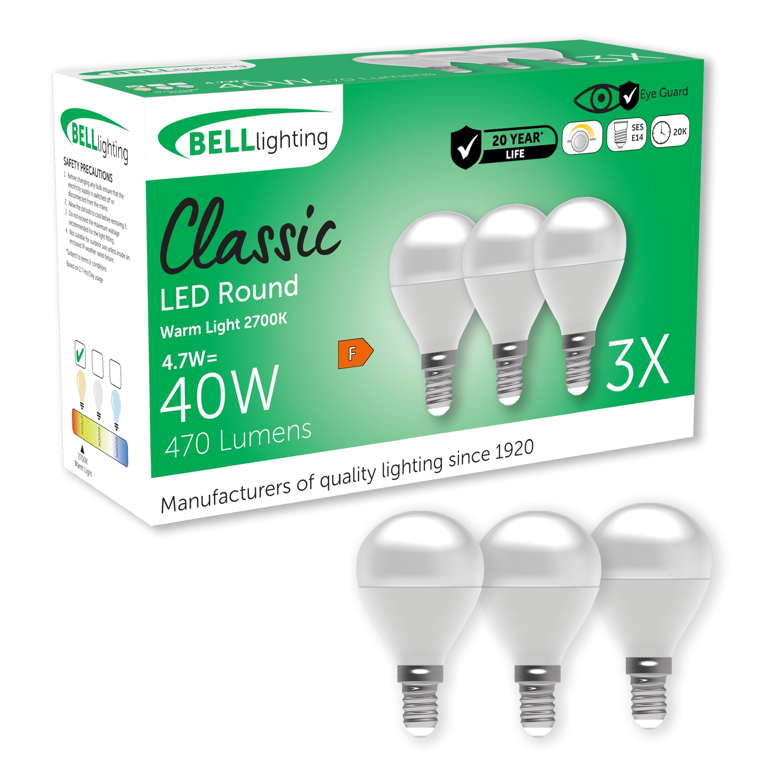 BELL Lighting E14 Small Edison Screw Cap Dimmable Light Bulb LED Golf Ball 3 Pack | Warm White 2700K | 470 Lumen 4.7W | Energy Saving Round LED Light Bulb | 40W Lamp Equivalent