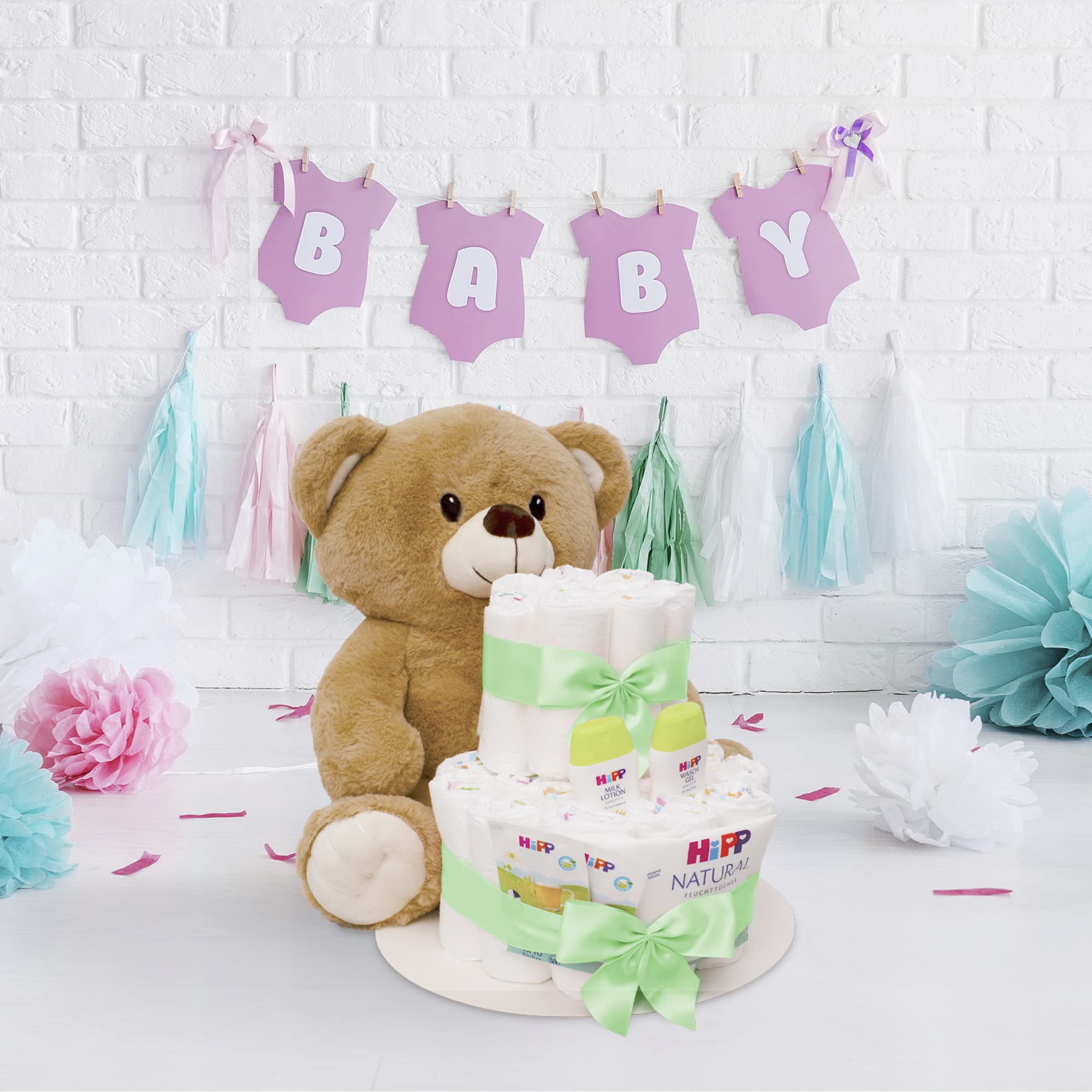 MilaBoo Tarta de pañales rosa para niña con oso de peluche grande I Regalo para recién nacidos con pañales y productos de Hipp I Regalo personal para el nacimiento