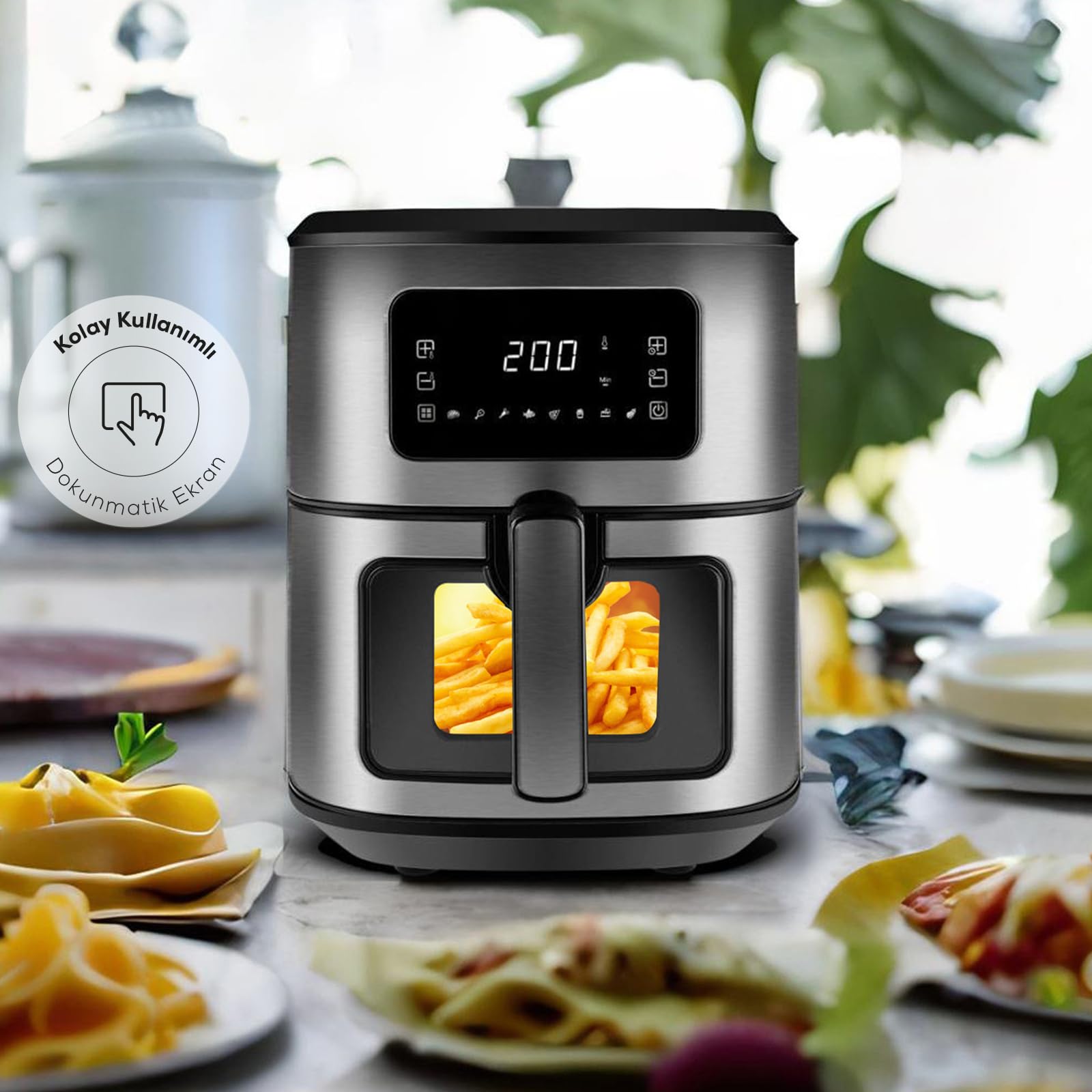 Karaca Multifry Inox XXL 6,5 litri Airfryer con finestra digitale in vetro, friggitrice ad aria calda, tecnologia di circolazione dell'aria a 360 gradi, 8 funzioni di cottura con tempo di cottura,