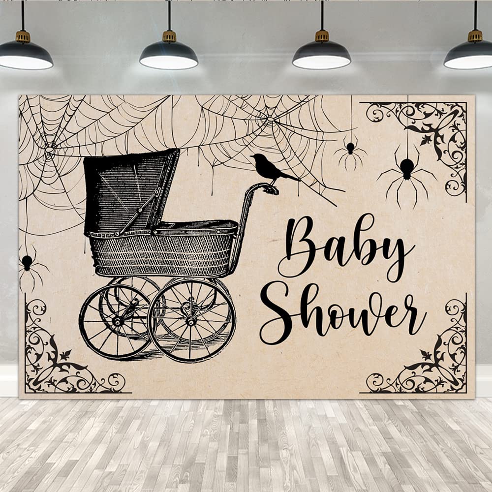 Lofaris Halloween Baby Shower Backdrop Vintage Baby Carrige Stroller Spider Web Crow A Baby is Brewing Photography Background Newborn Kids Party Decorations Supplies Photo Studio Booth Props 9x6ft