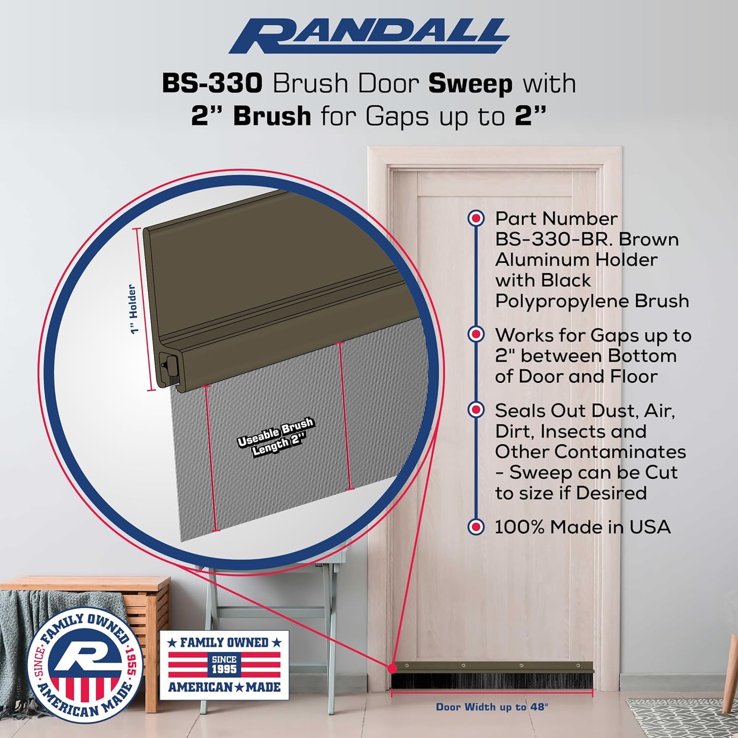 Heavy Duty Brown Brush Sweep Door Sweep for Gaps Up to 2