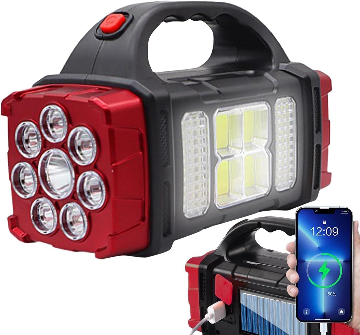 Vinsh Enterprise Rechargeable LED Camping Lantern Flashlight - 4 Light Modes, Super Bright Spotlight with Solar Panels, 7 Modes, High Lumens (Solar Torch Light)