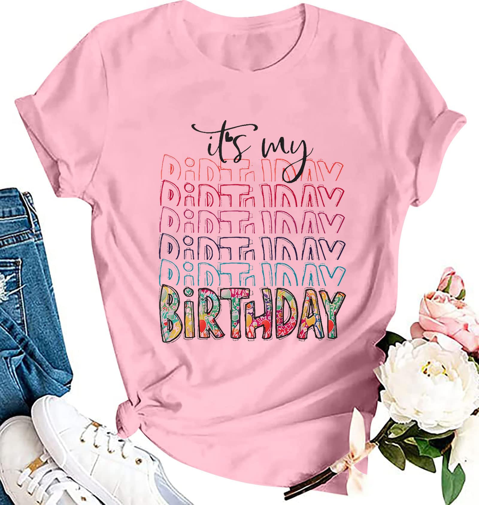 UXQIENIt's My Birthday Shirt Women Cute Happy Birthday Letter Printed T-Shirt Funny Party Graphic Short Sleeve Tee Top for Girl