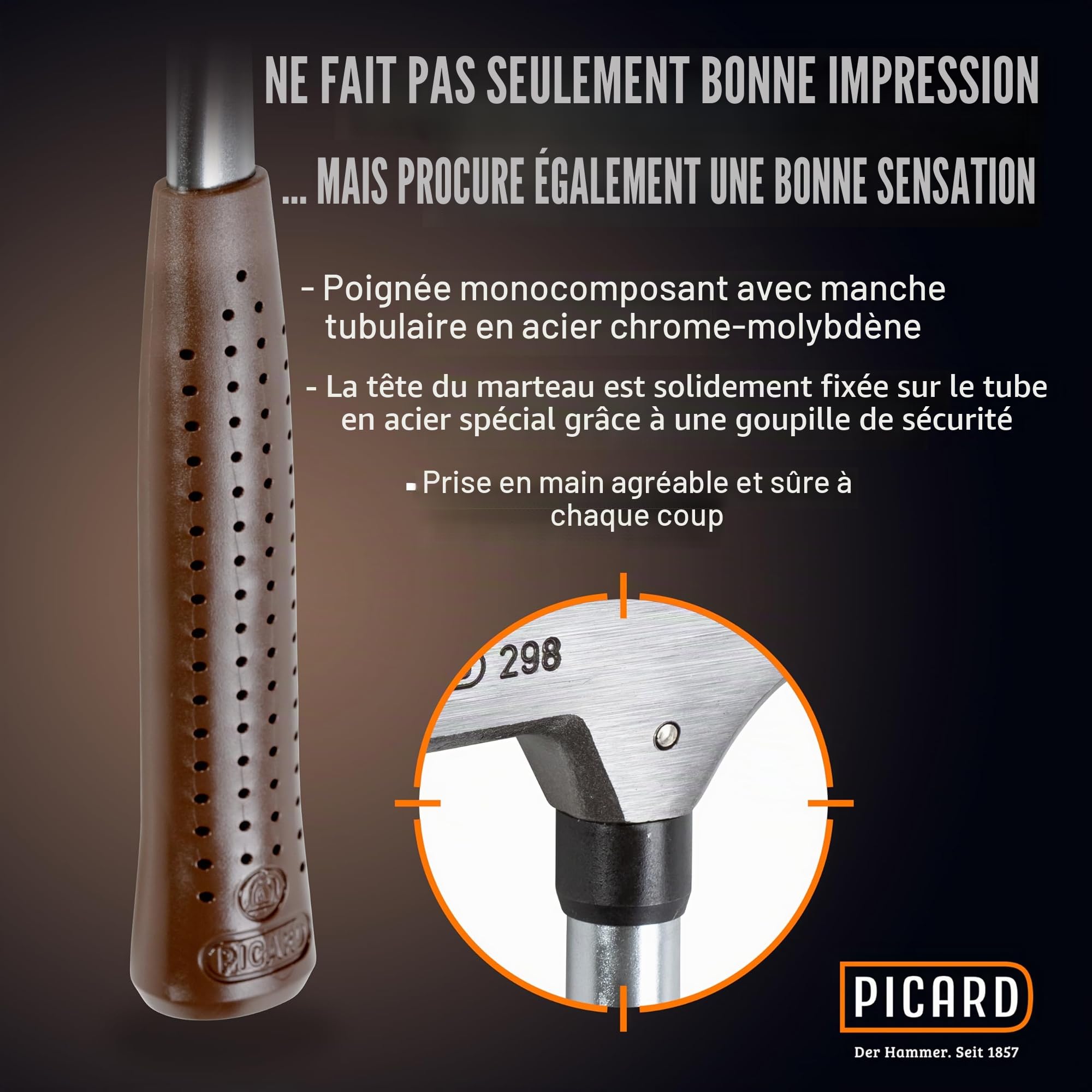 PICARD marteau de charpentier no. 298 + Mini pied-de-biche BlackGiant® + Sticker | Outil couvreur professionnel 600 g | Manche acier chromé-molybdène | Porte-clou magnétique | Avec arrache clou