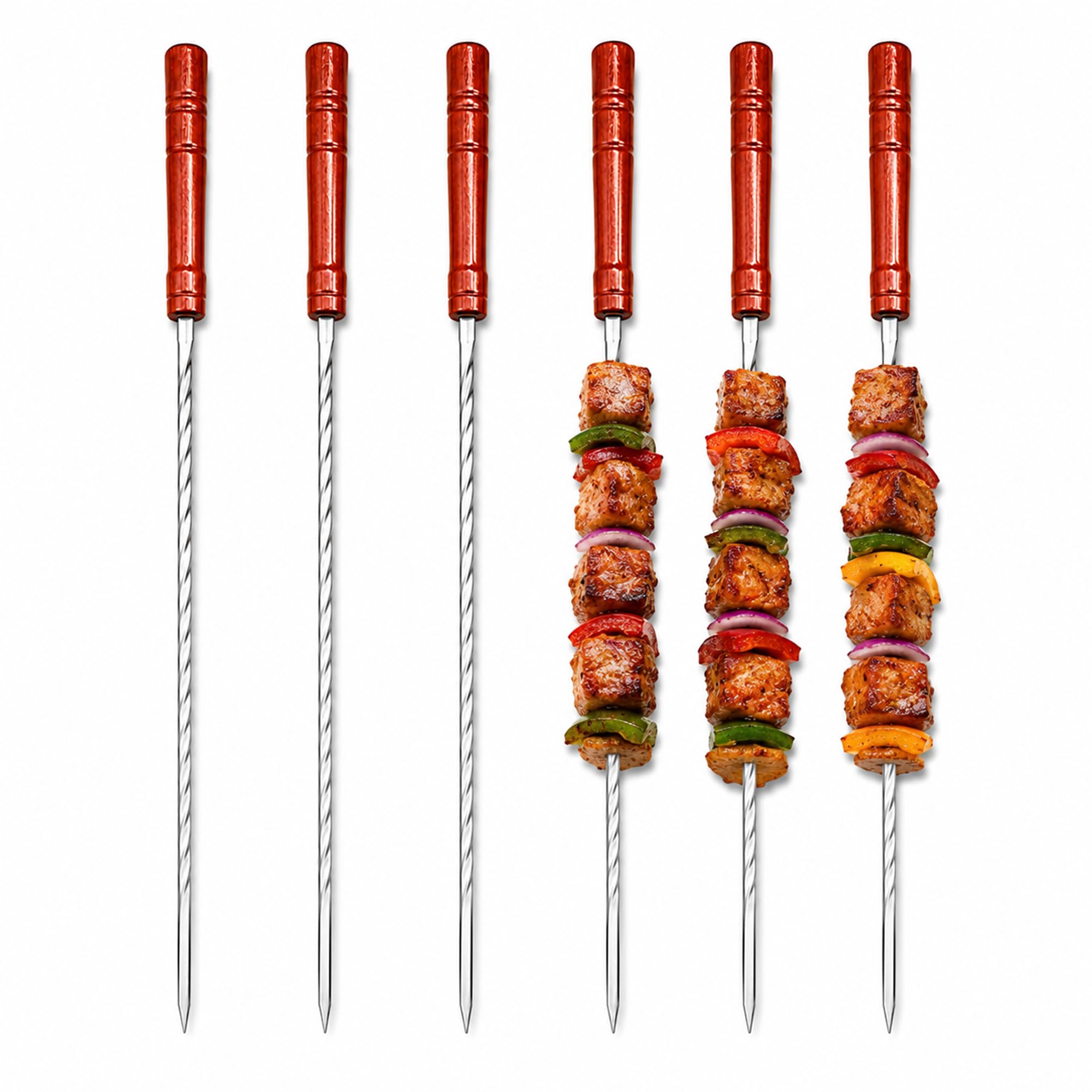 OBD 6 x BBQ Metal Skewers 31cm Reusable Kebab Skewers with Wooden Handles for Shish Kebab Meat Chicken Vegetables Grill Barbecue Sticks Camping Cooking Accessories