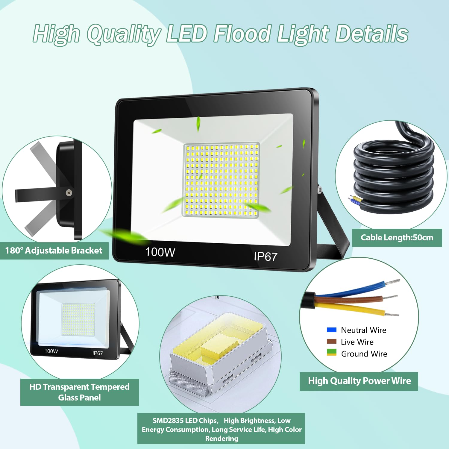 Focos LED Exterior 100W IP67 Impermeable Proyector Exterior 2 Pieza | 6500K Blanco Frío Luz de Seguridad, 10000LM Potente Luces LED Exterior para Terraza, Garaje, Taller, Jardín