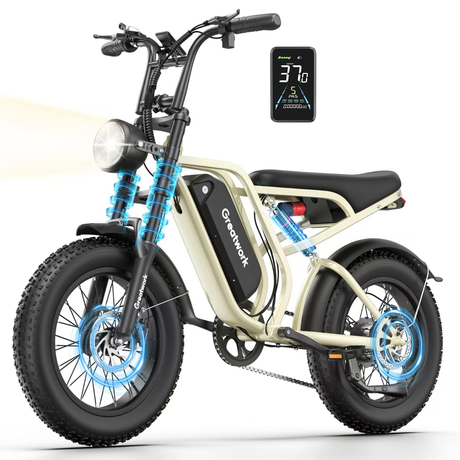 GREATWORK 2500W Peak Electric Bike for Adults, 1200Wh Removable Battery, Max 37MPH & 100 Miles Electric Dirt Bike with Full Suspension, 20"x4" Fat Tire Motorcycle Style Commuter Ebike for Men Women