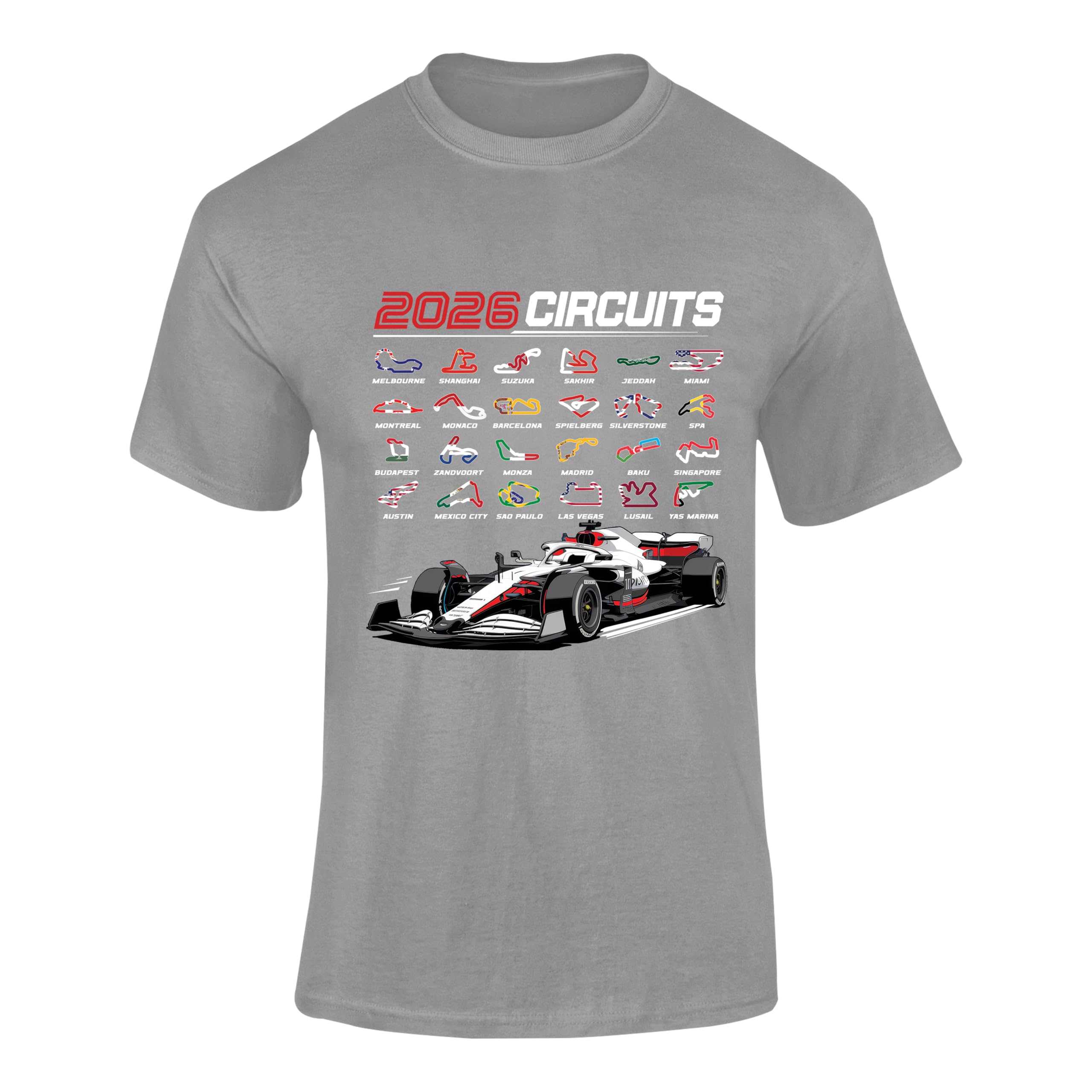 Formula Racing 2026 T Shirt 3 – Grand Prix Circuits Map Tee, Motorsport Fan Shirt, Racing Track Outline T-Shirt for Adults - Grey Small