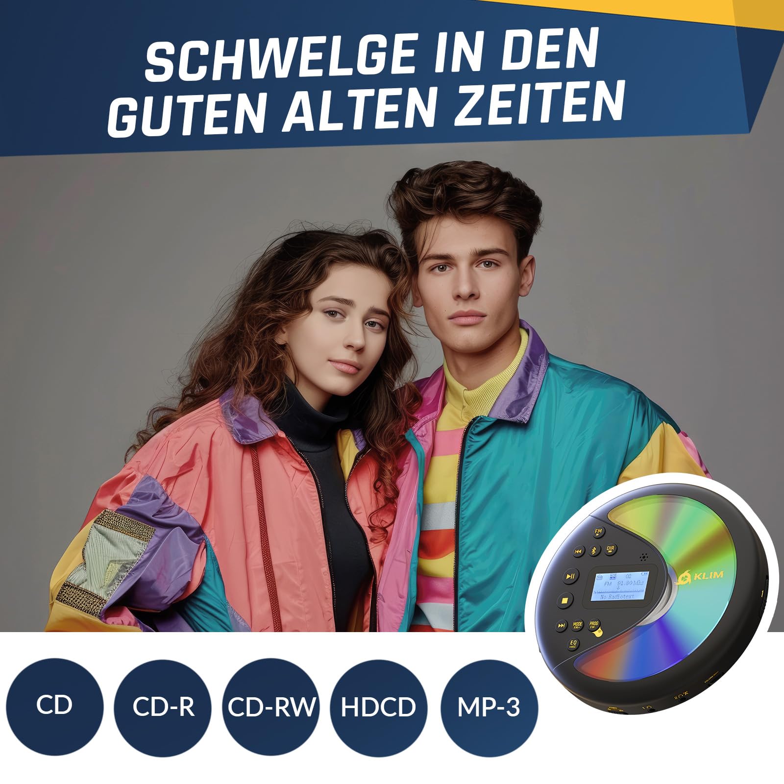 KLIM Discover Mit Kopfhörern - Tragbarer CD-Player mit langlebigem Akku - Kompatibler MP3-CD-Player - SD-Karte, FM-Transmitter, Bluetooth - Ideal für Autos - Portable CD Player - Schwarz/Gold