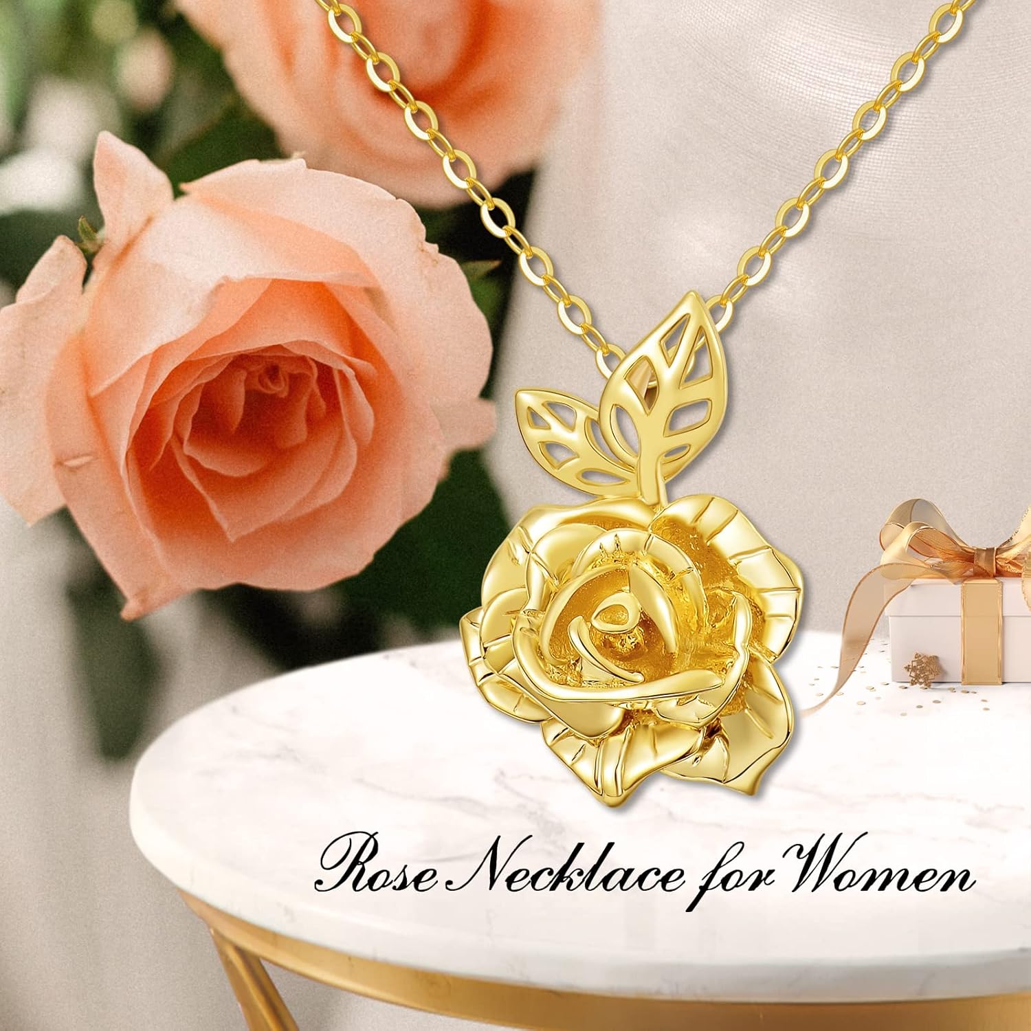 14K Gold Rose Flower Pendant Necklace Gold Flower Necklace for Women Rose Pendant Anniversary Birthday Jewelry Valentines Day Gifts for Her Mom Wife, 16+2 Inches - Image 3