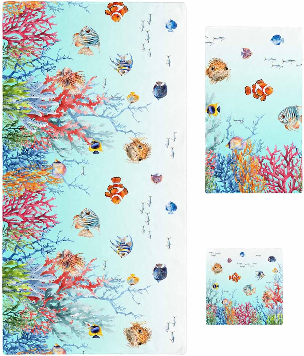 Bath Towel Sets, Summer Beach Starfish Shell Bathroom Towels Soft Hand Towel Washcloth Cotton Towel Set,Absorbent Soft Bath Set for Hotel Beach Pool Coastal Blue Gradient Ocean Towels