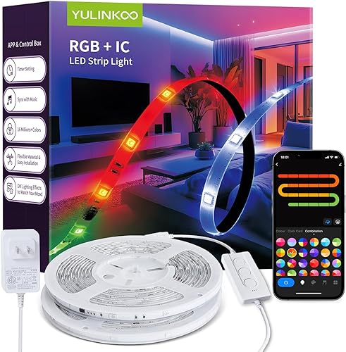 Tira de luz LED RGB+IC, luz LED inteligente de 6.6 pies para dormitorio, control de aplicación Bluetooth, tira de iluminación LED que cambia de