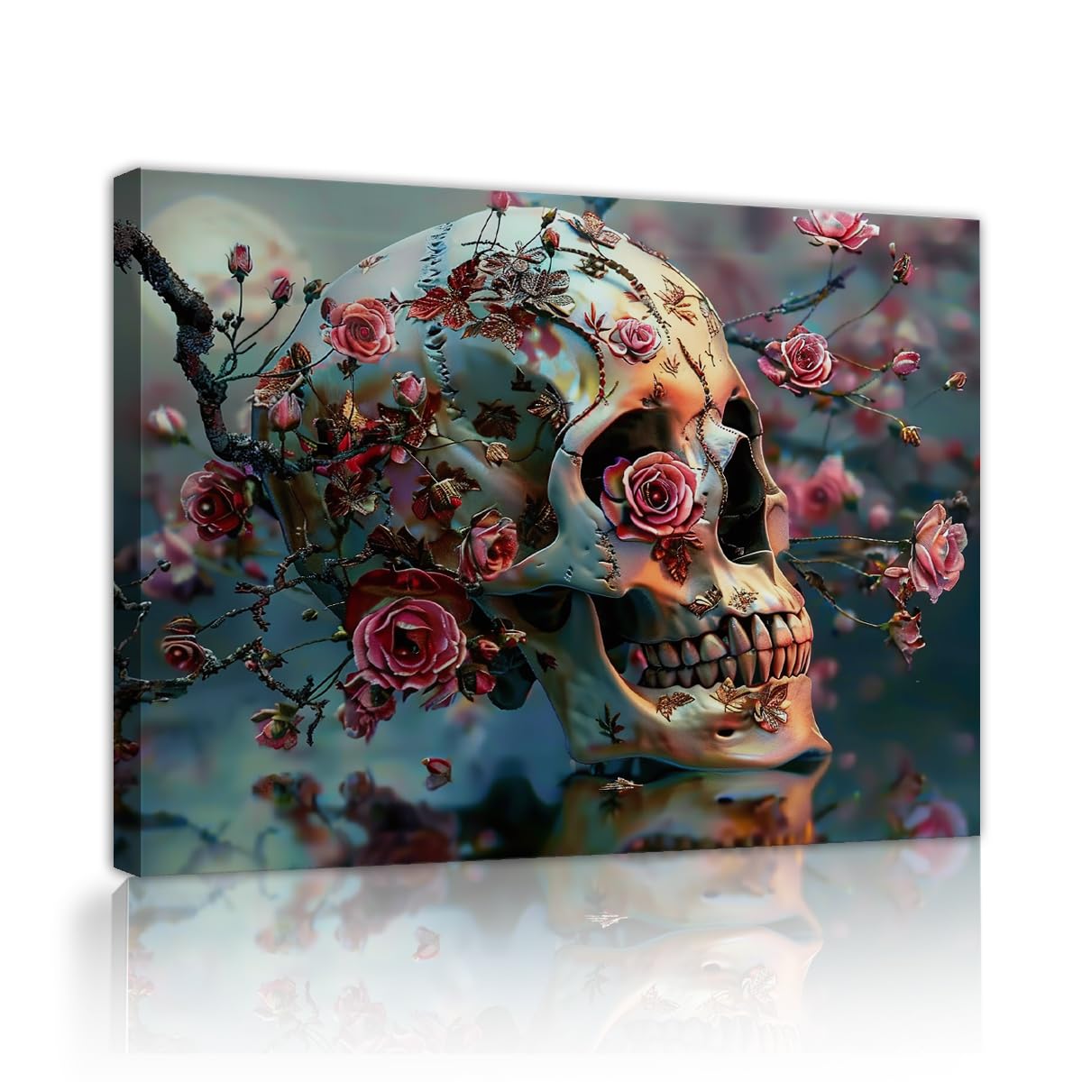 YUNART Vintage Skeleton Canvas Wall Art Gothic Picture Retro Rose Skull Art Poster Abstract Romantic Theme Picture for Halloween Living Room 80x105cm Innerframe