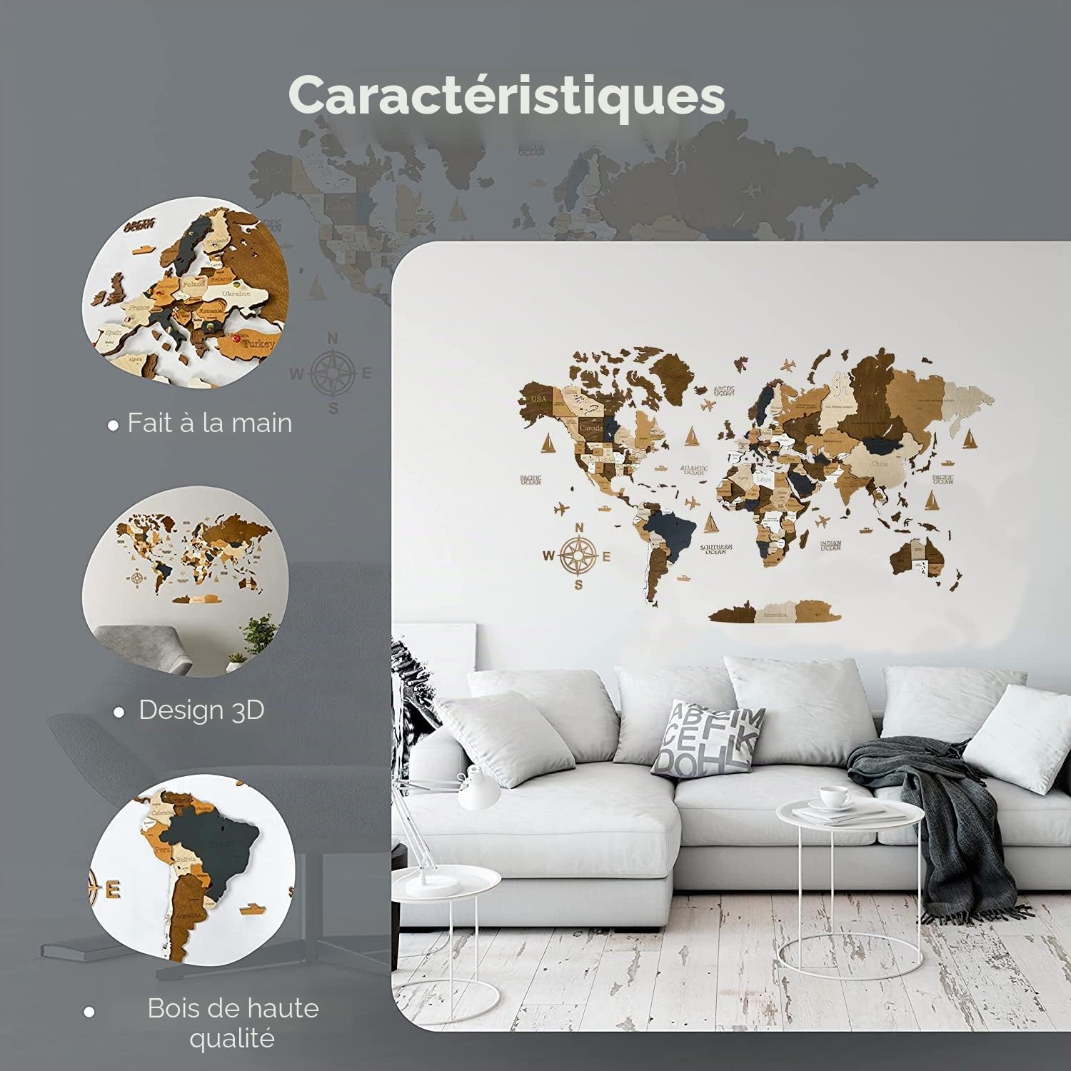 WoodLeo Carte du monde en bois 3D Art Large Wall Decor Taille M L XL Art mural maison cuisine bureau
