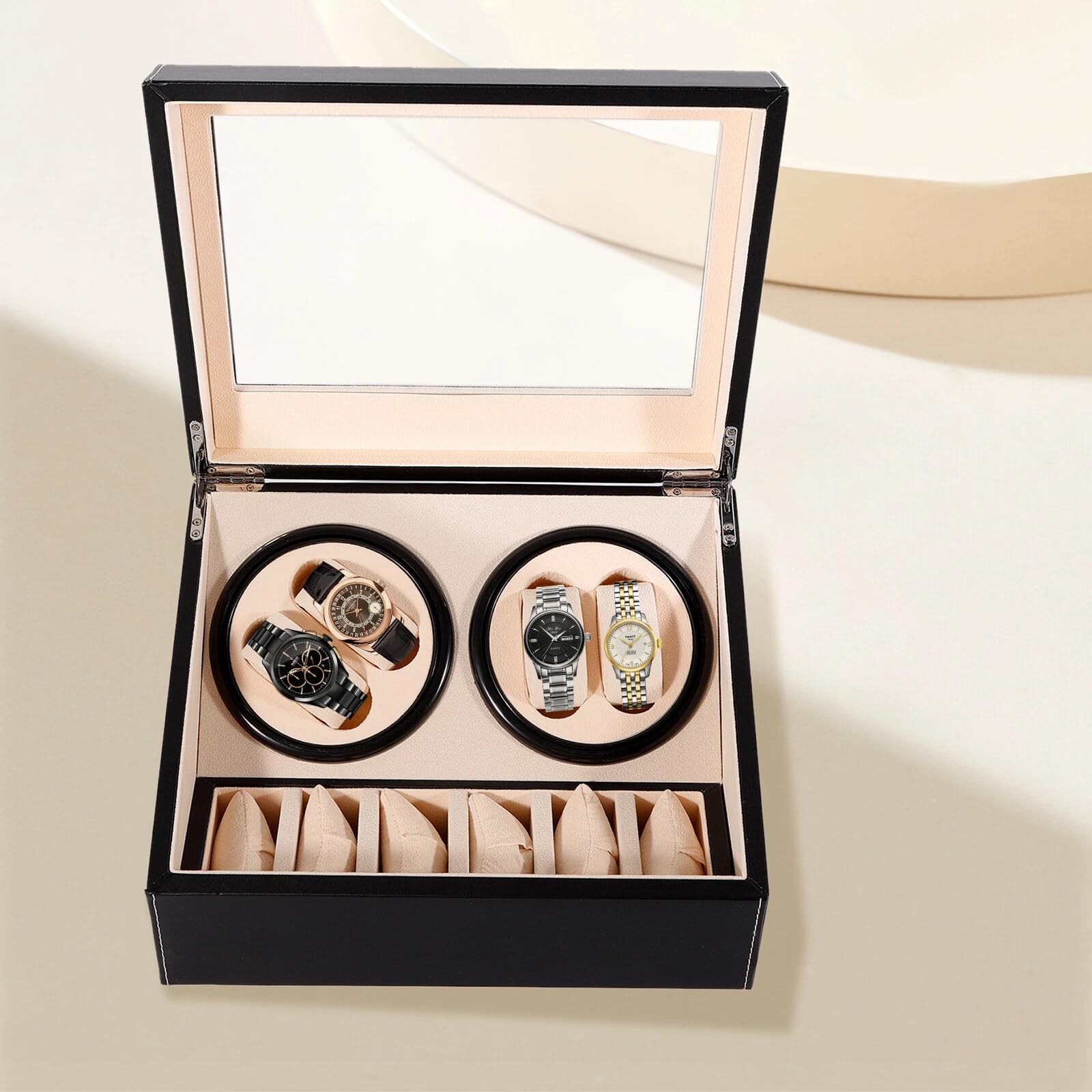Caricatore automatico per orologi per 4 orologi, con 6 scomparti, cuscino flessibile, per orologi da uomo e da donna, Nero