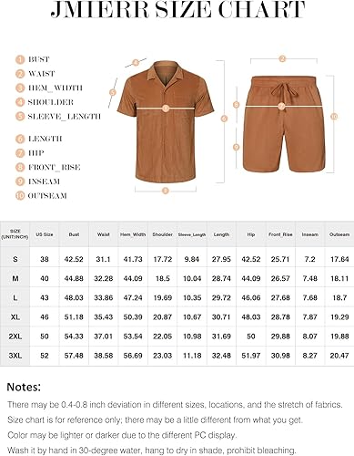 Miniatura 6 de JMIERR Conjunto corto de pana para hombre, 2 piezas, casual de verano, con botones, manga corta, camisa y pantalones cortos de playa
